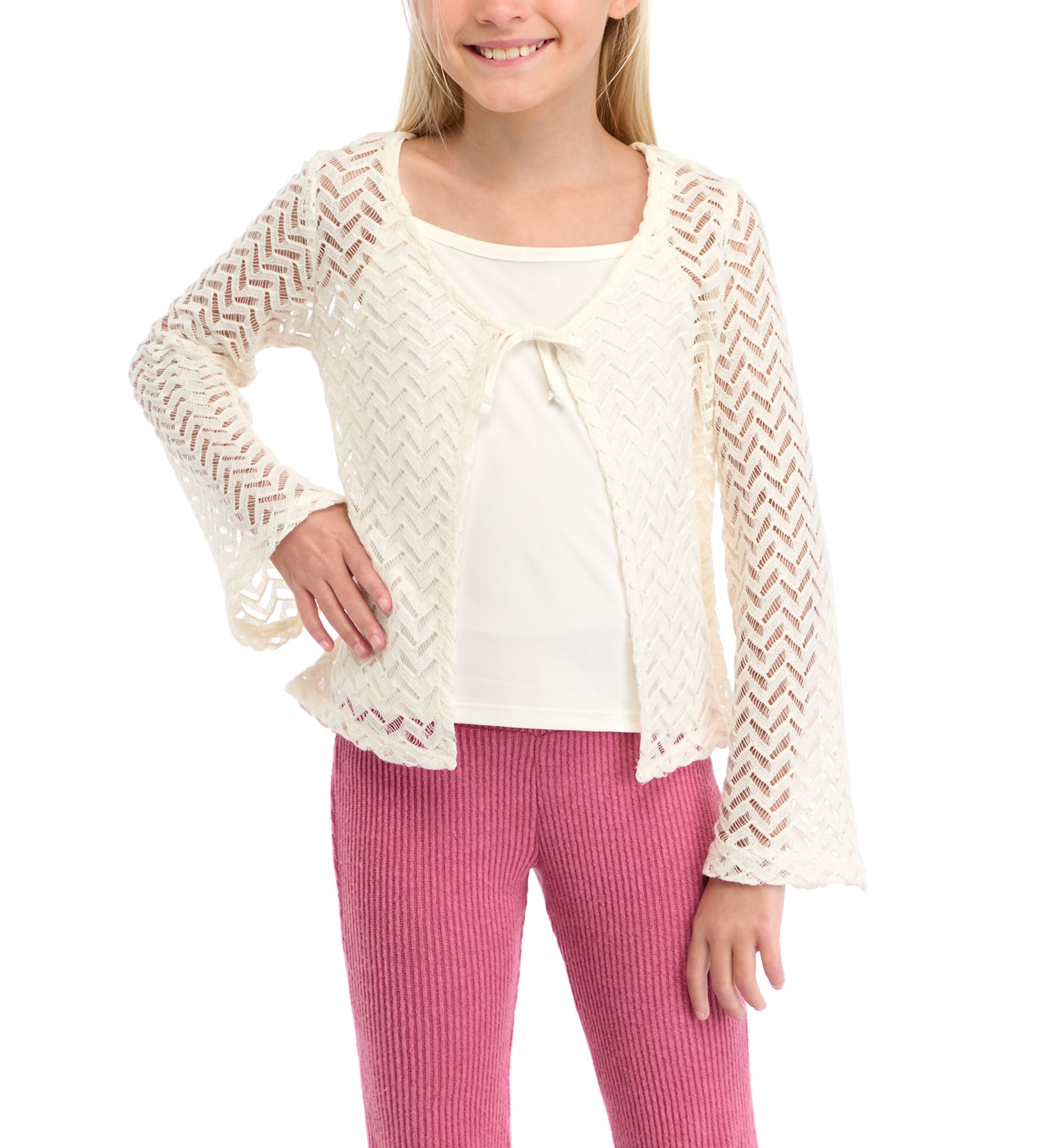 Girls 7-16 Crochet Knit Cardigan