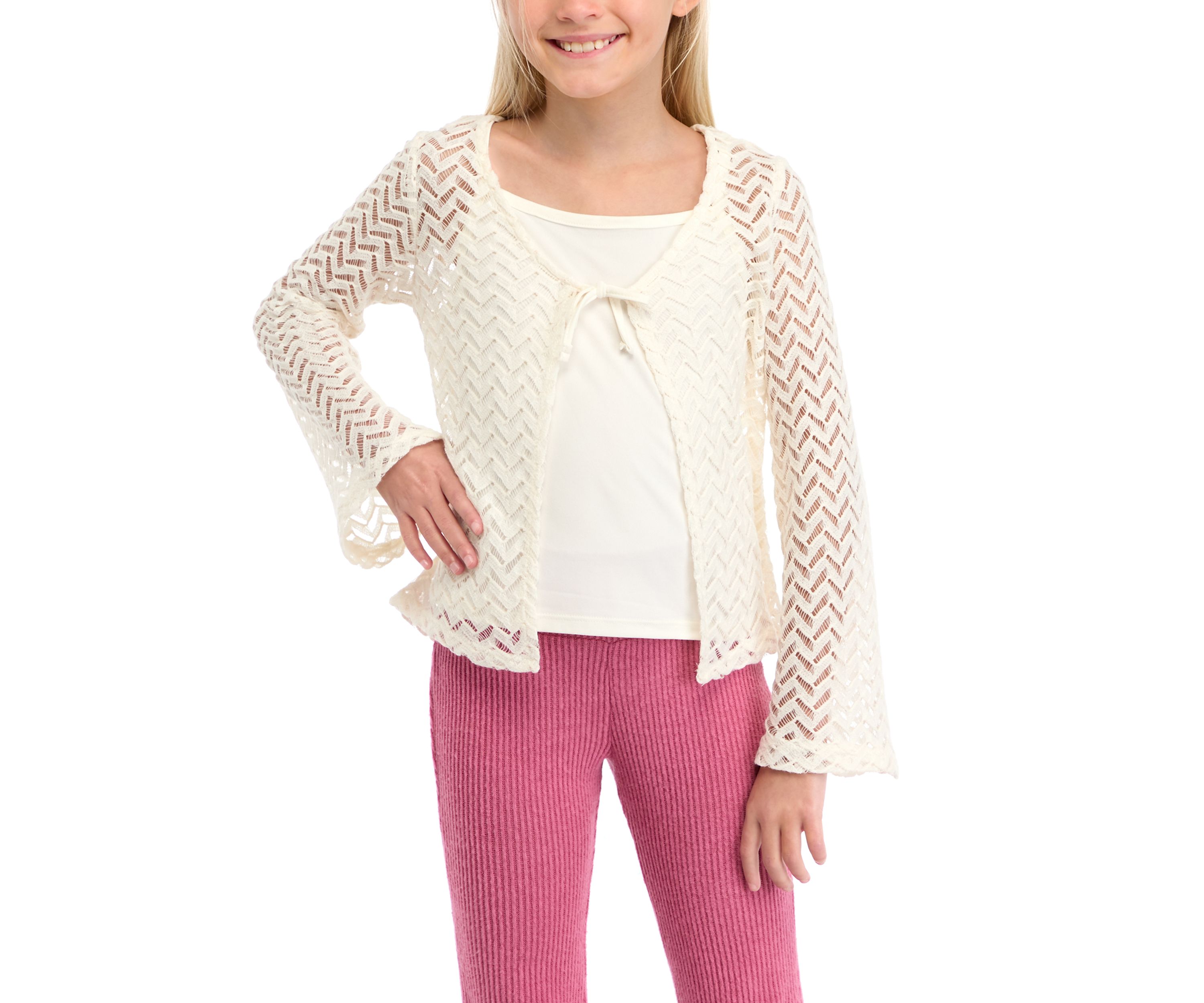 Girls 7-16 Crochet Knit Cardigan