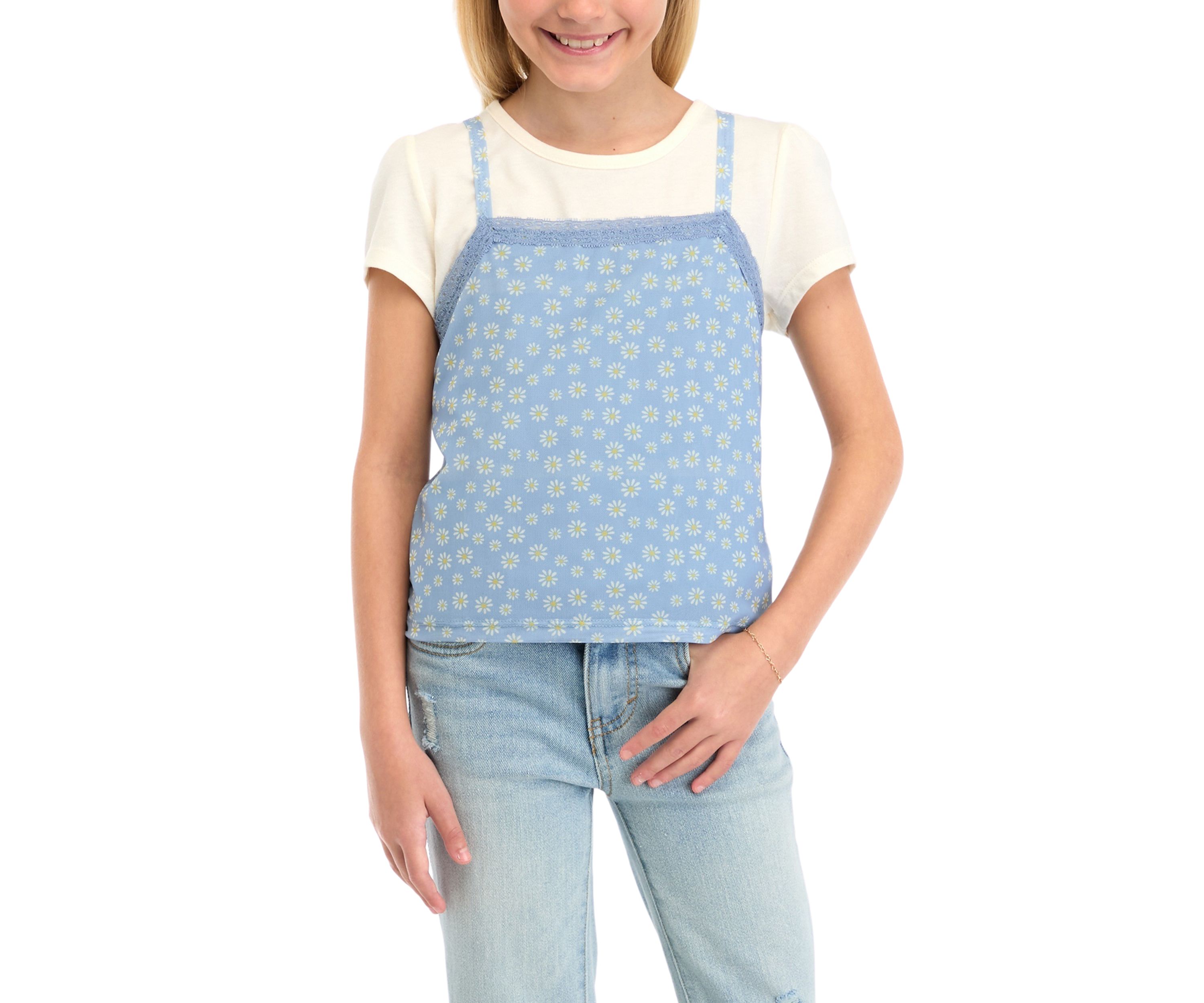 Girls 7-16 Short Sleeve Crew Neck T-Shirt with Front Lace Cami