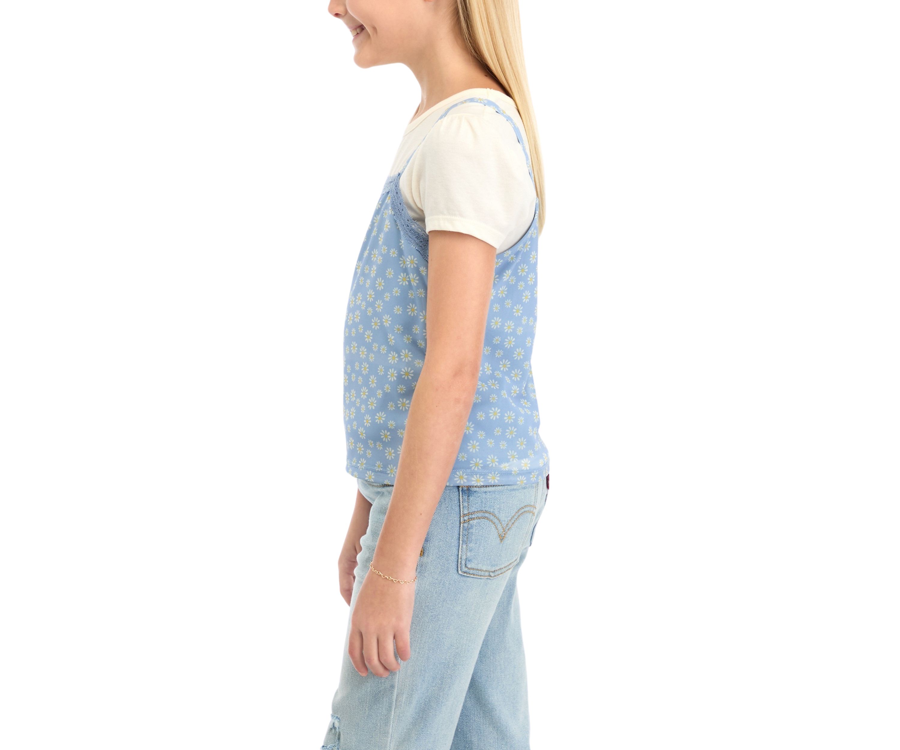 Girls 7-16 Short Sleeve Crew Neck T-Shirt with Front Lace Cami