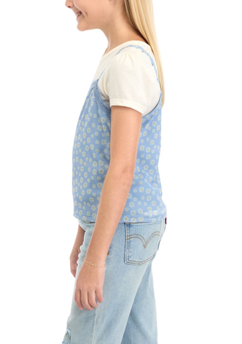 Girls 7-16 Short Sleeve Crew Neck T-Shirt with Front Lace Cami