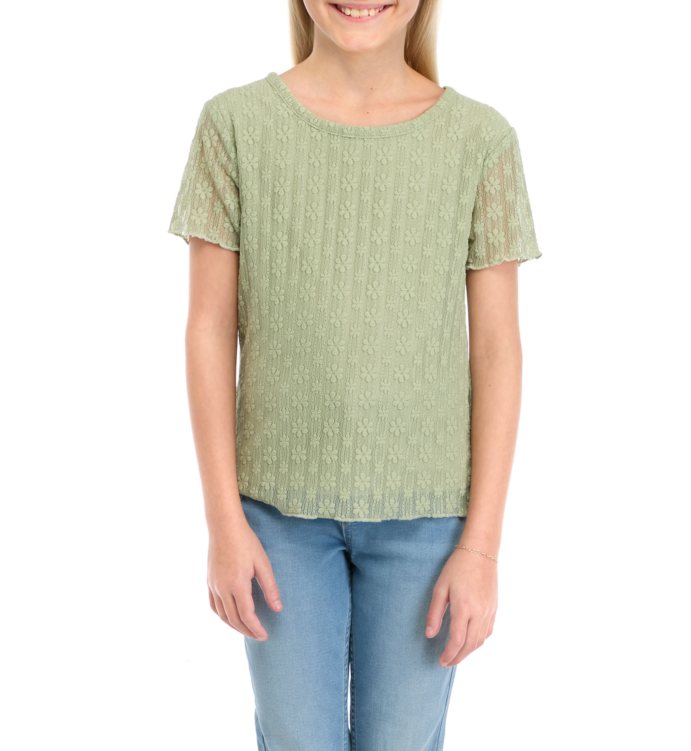 Girls 7-16 Short Sleeve Mesh T-Shirt with Lettuce Merrow Edge