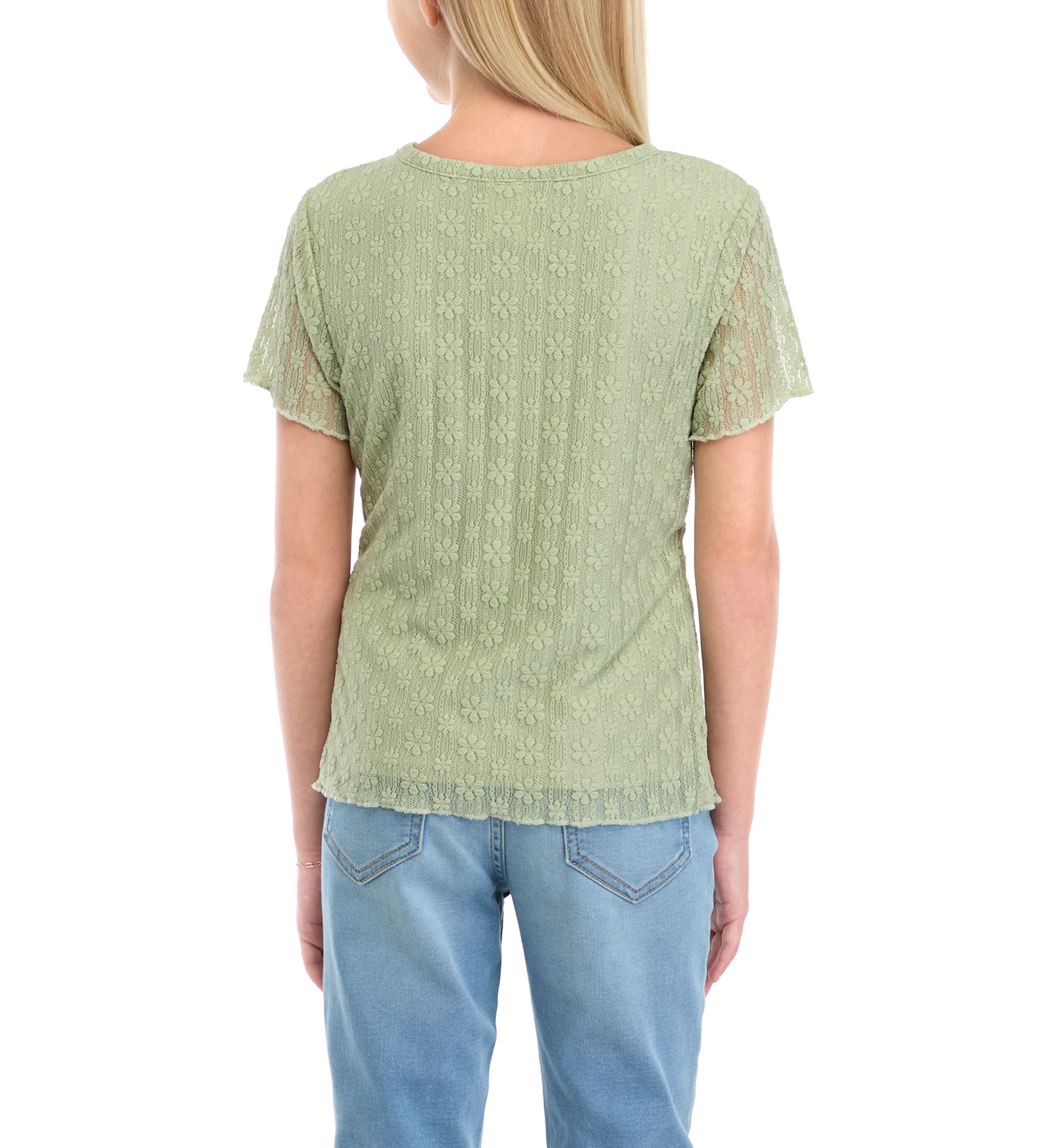 Girls 7-16 Short Sleeve Mesh T-Shirt with Lettuce Merrow Edge
