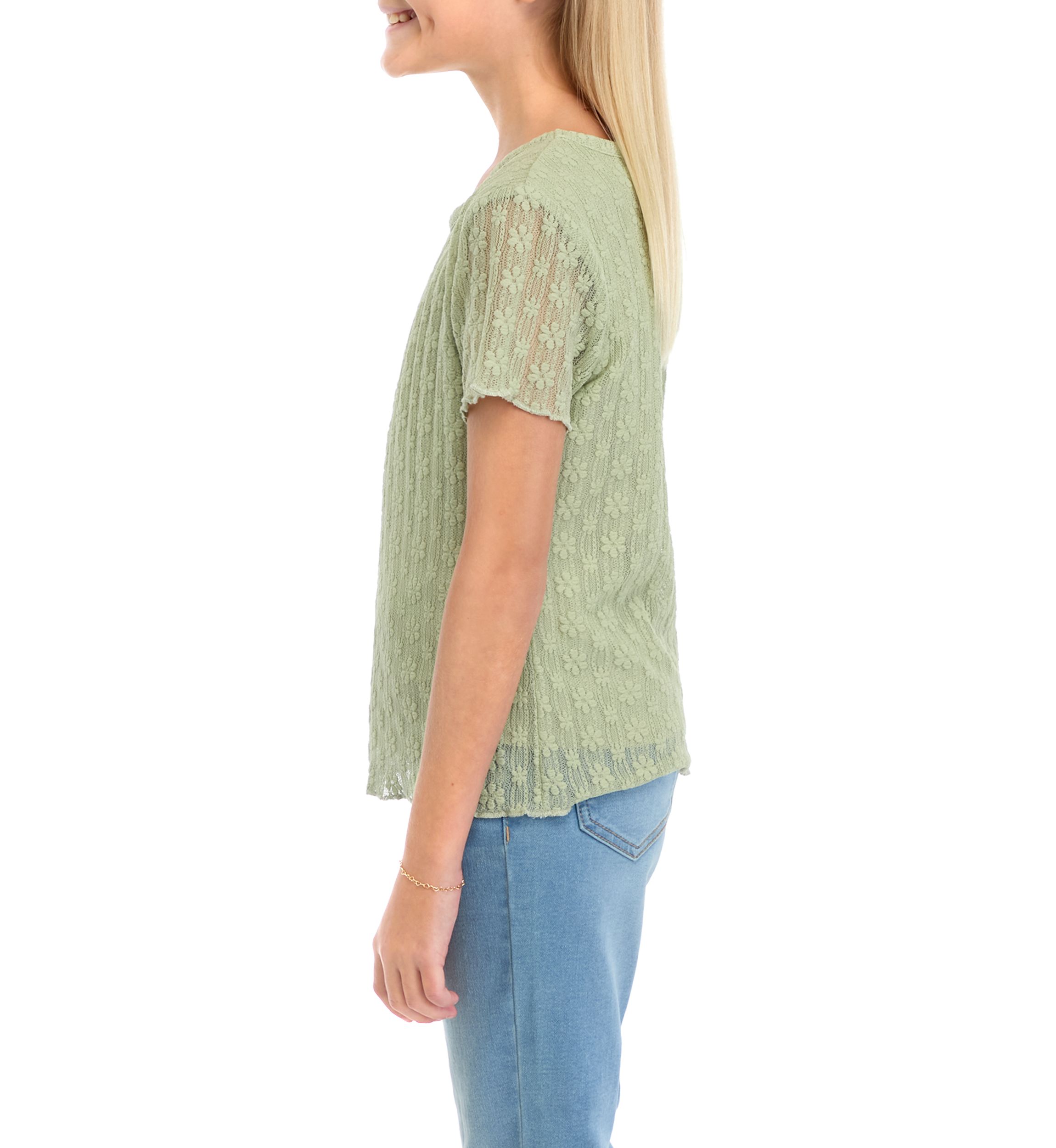 Girls 7-16 Short Sleeve Mesh T-Shirt with Lettuce Merrow Edge