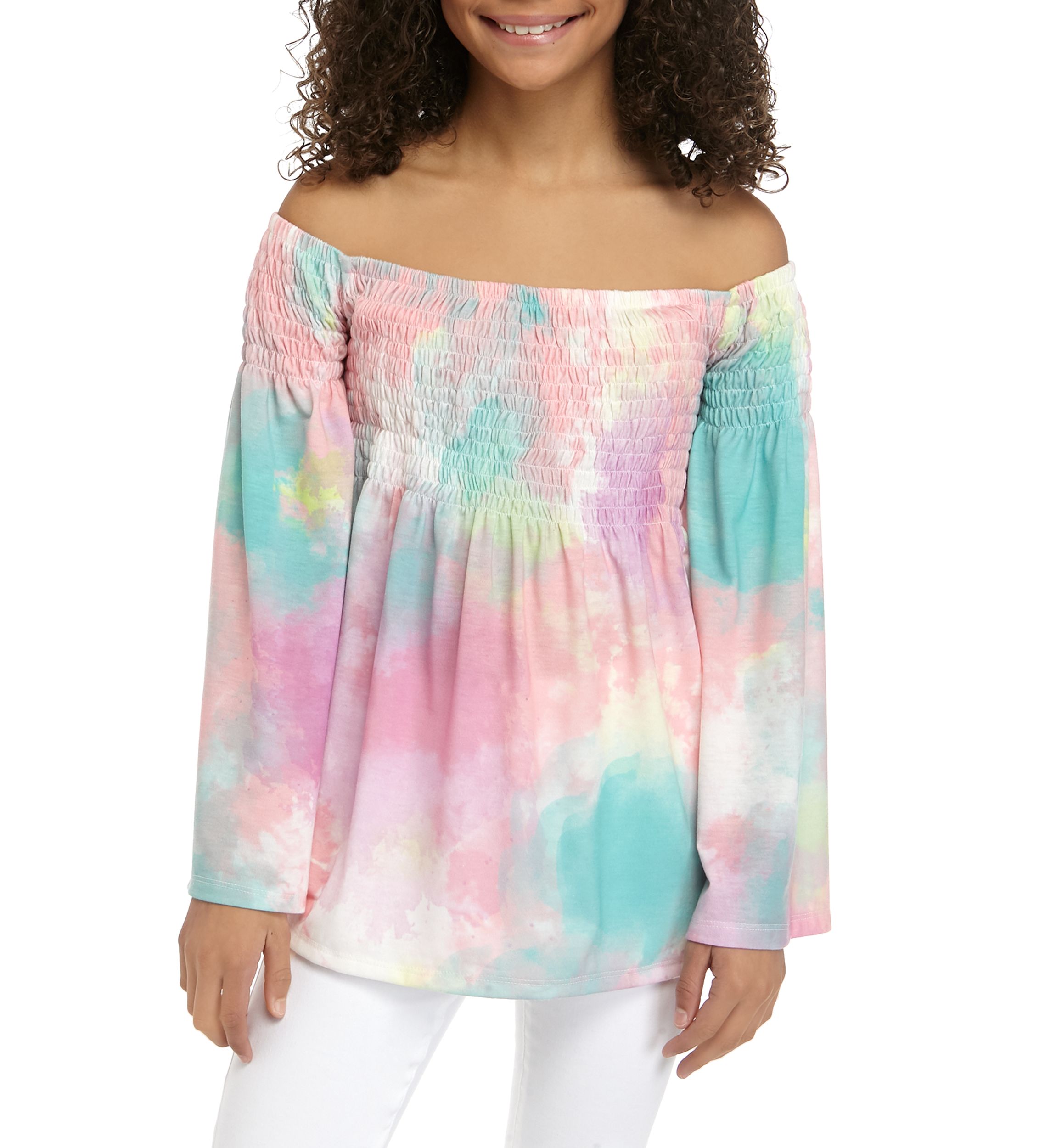 Girls 7-16 Off the Shoulder Tie Dye Smocked Top