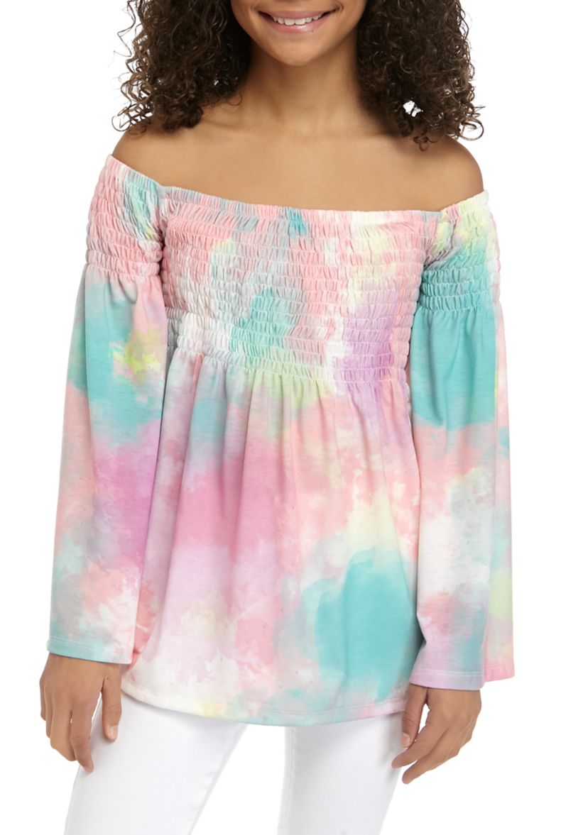 Girls 7-16 Off the Shoulder Tie Dye Smocked Top