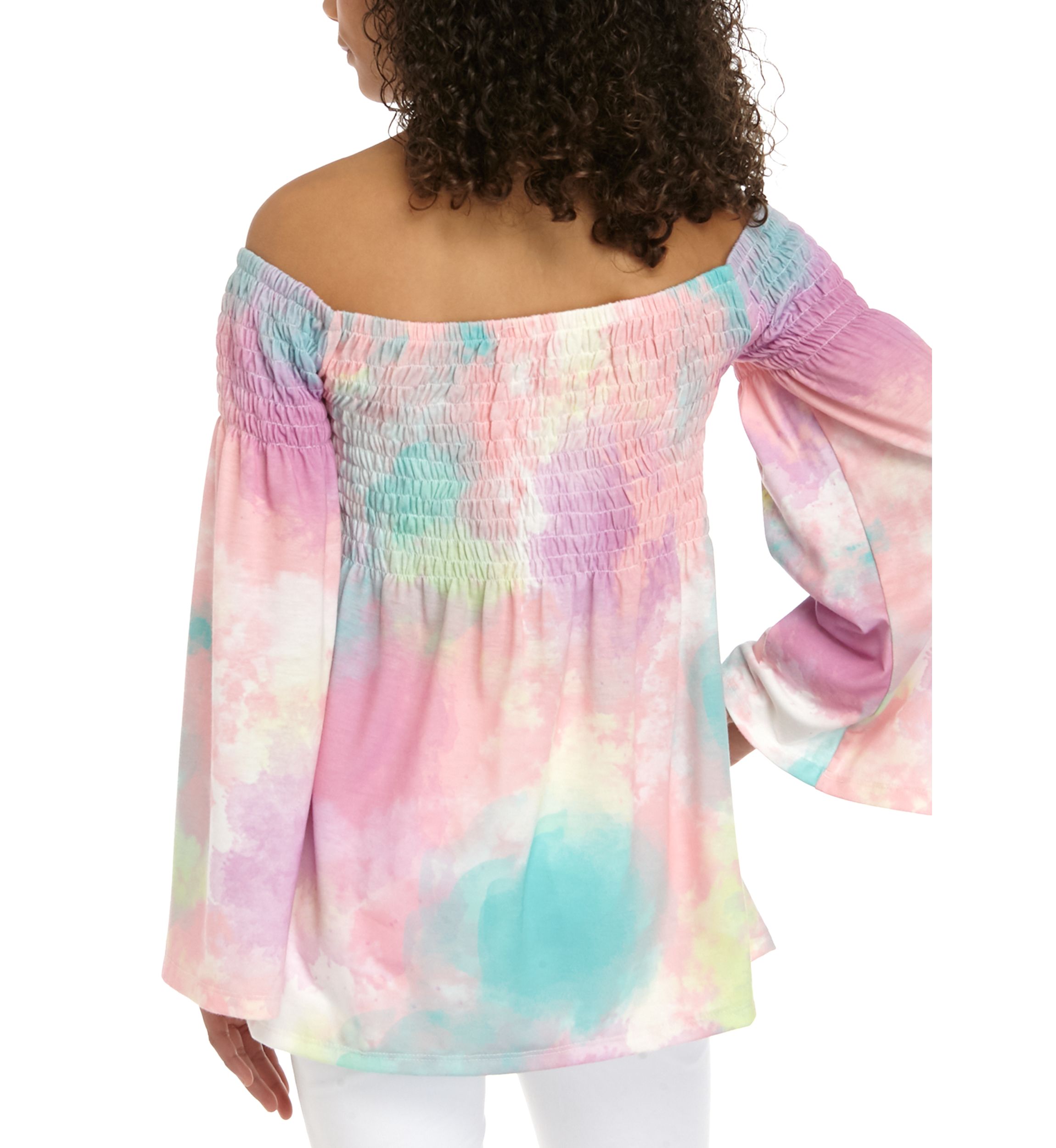 Girls 7-16 Off the Shoulder Tie Dye Smocked Top