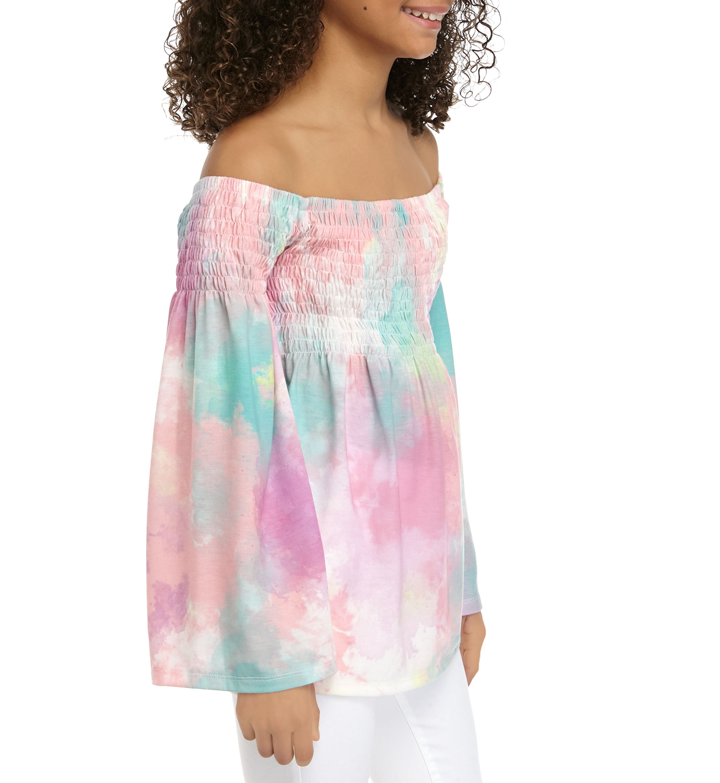 Girls 7-16 Off the Shoulder Tie Dye Smocked Top