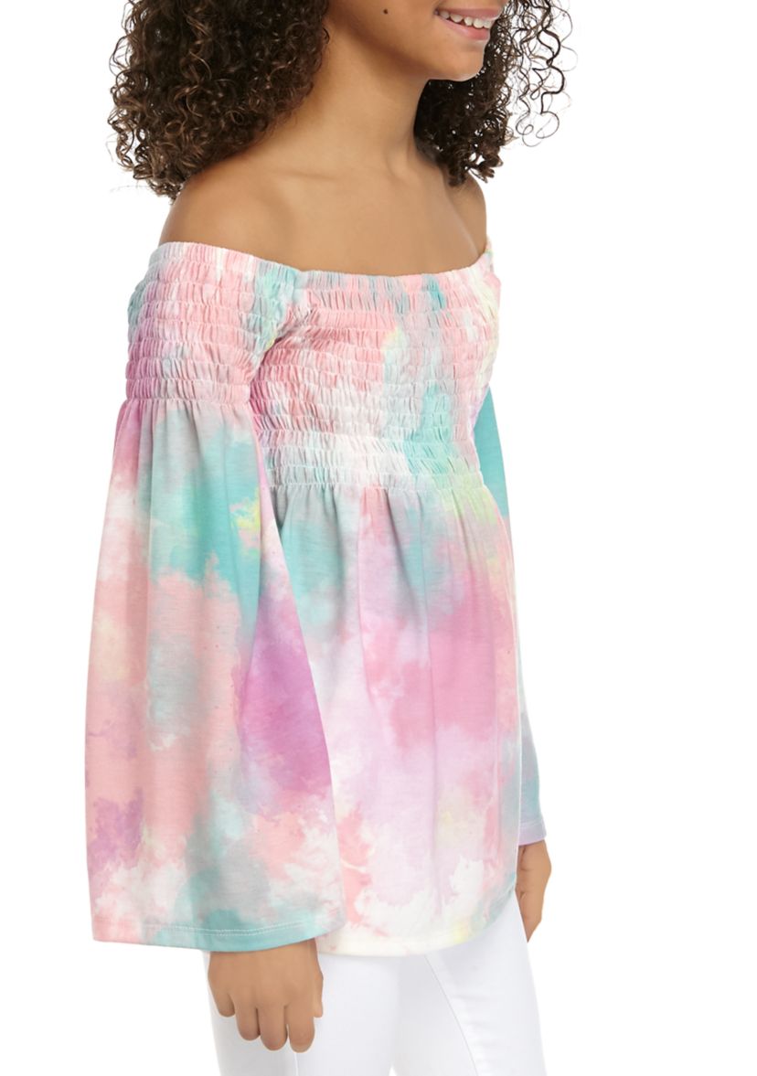 Girls 7-16 Off the Shoulder Tie Dye Smocked Top
