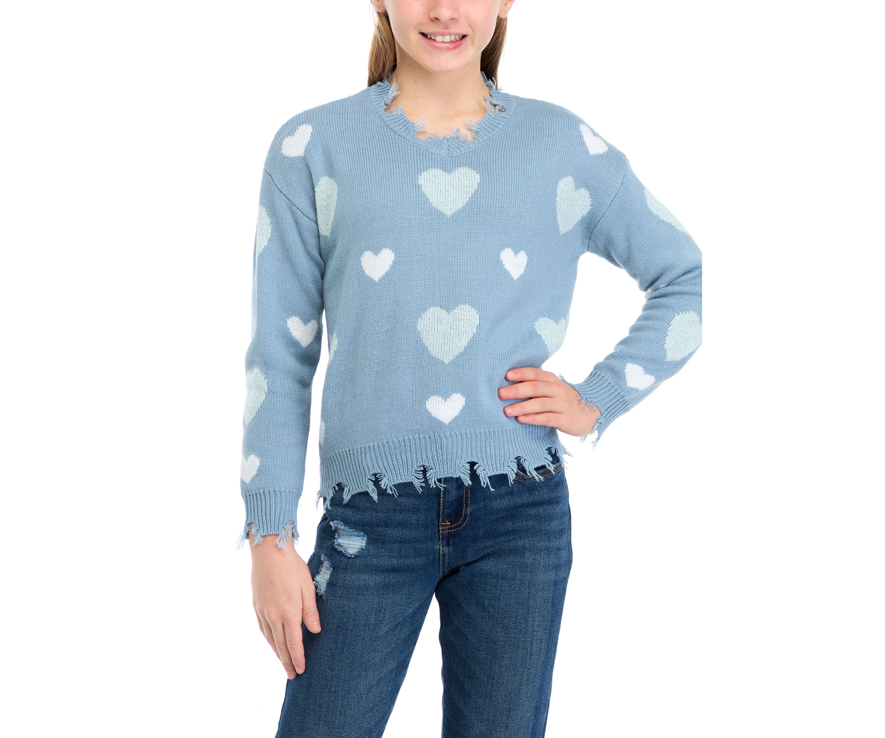 Girls 7-16 Heart Printed Frayed V-Neck Sweater