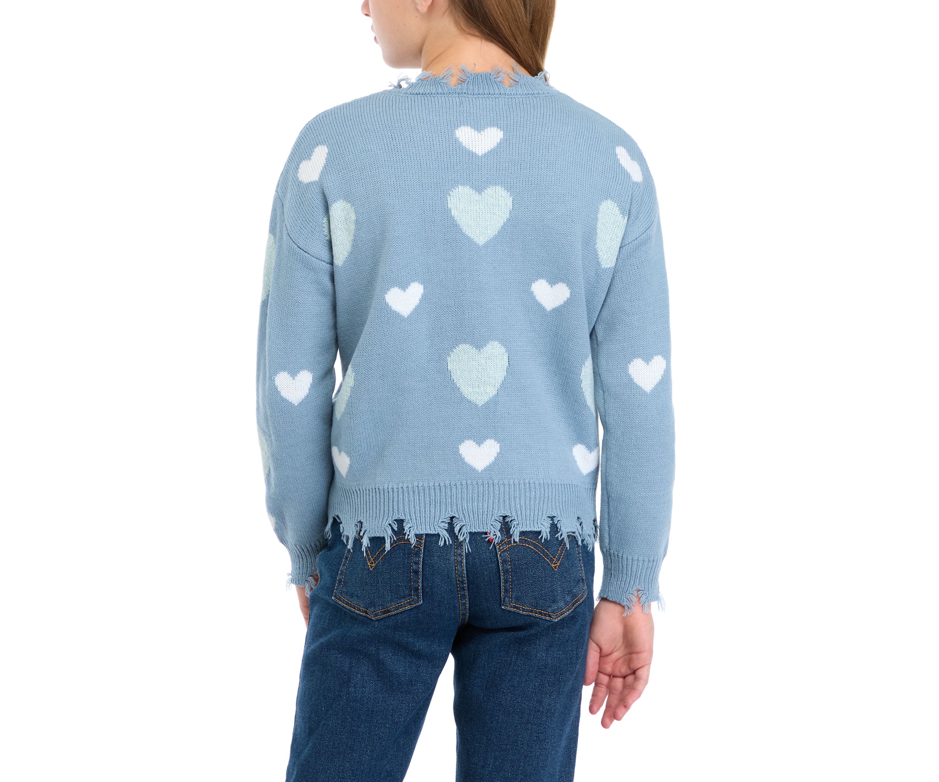 Girls 7-16 Heart Printed Frayed V-Neck Sweater