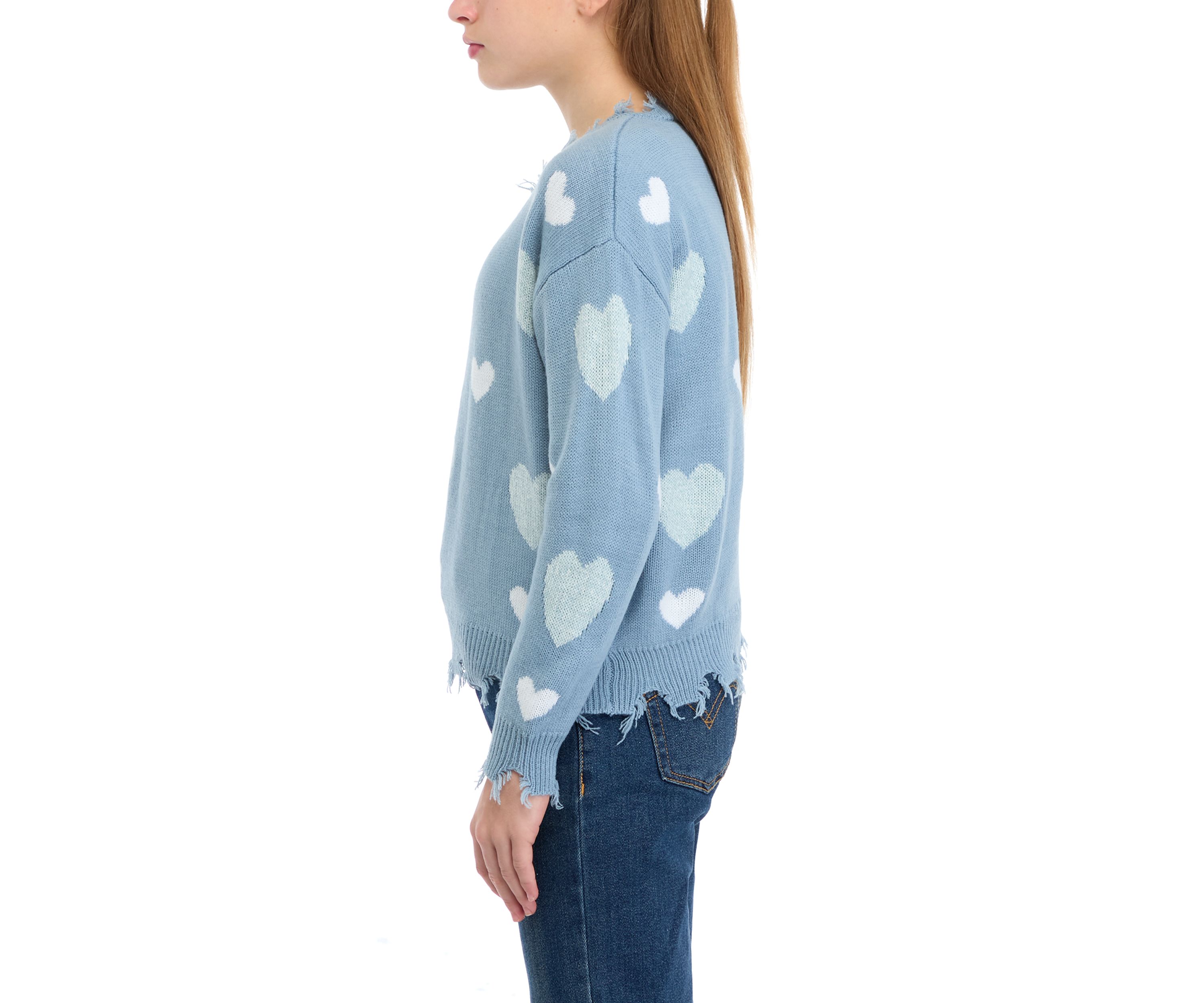 Girls 7-16 Heart Printed Frayed V-Neck Sweater