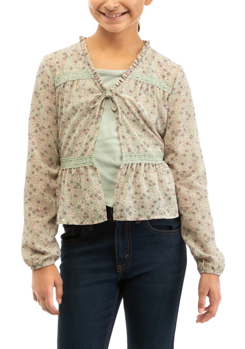 Girls Tie Front Floral Printed Top