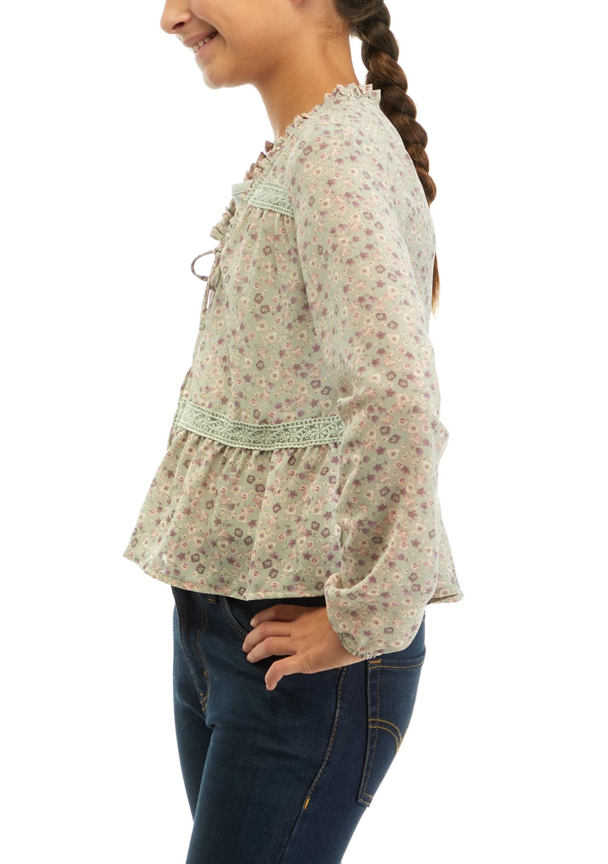 Girls Tie Front Floral Printed Top
