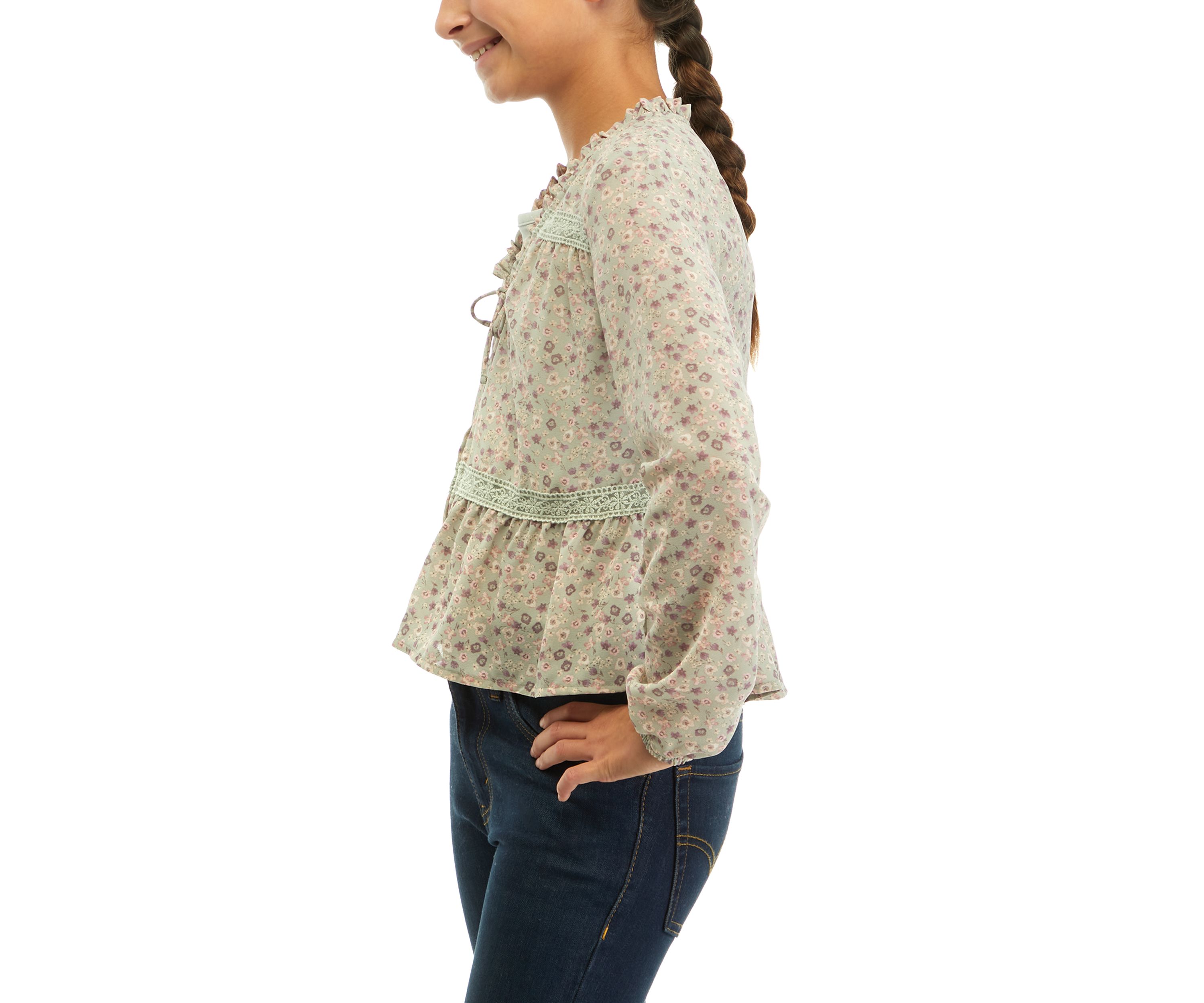Girls Tie Front Floral Printed Top