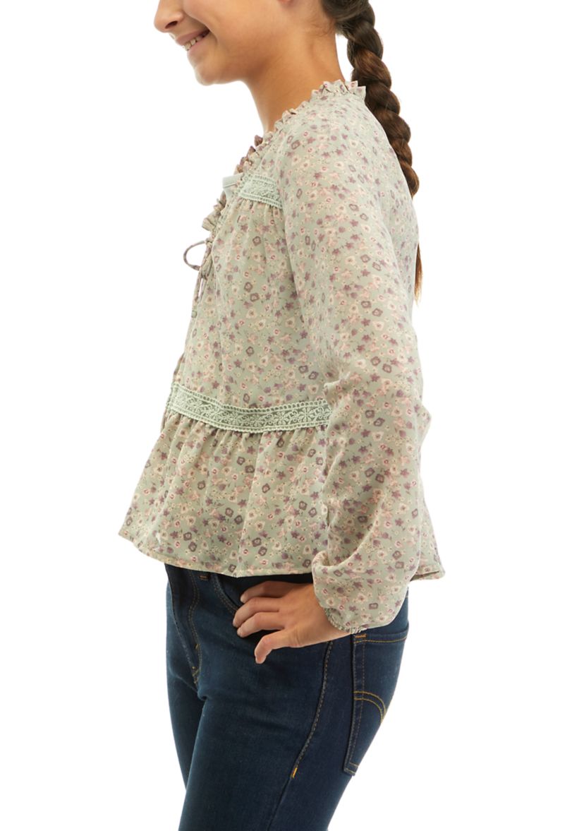 Girls Tie Front Floral Printed Top