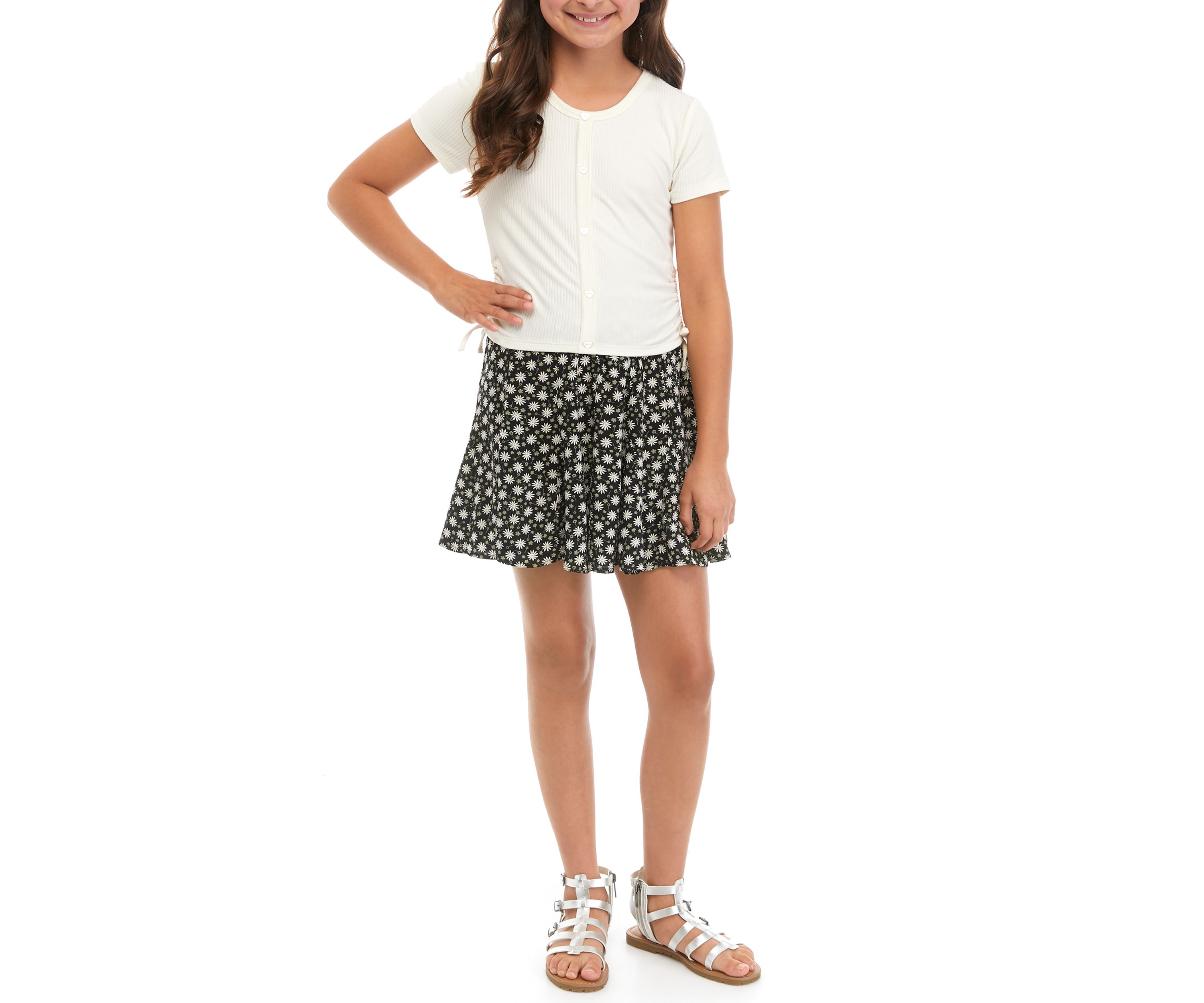 Girls 7-16 Floral Skirt with Knit Top 