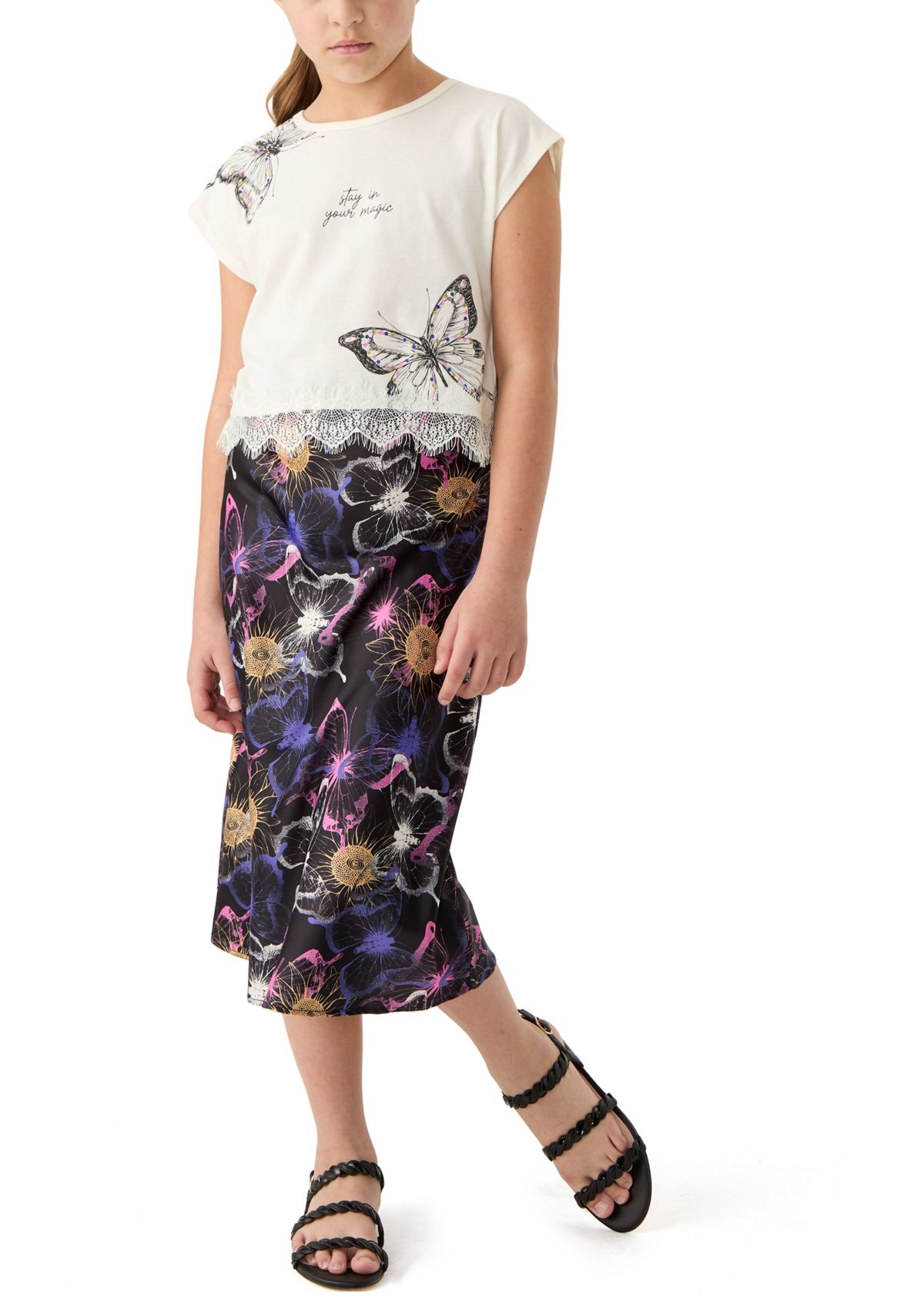 Girls 7-16 Oversized Graphic T-Shirt and Printed Satin Skirt Set