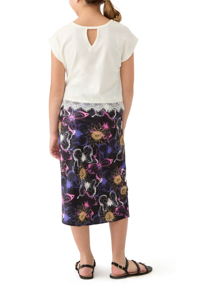 Girls 7-16 Oversized Graphic T-Shirt and Printed Satin Skirt Set