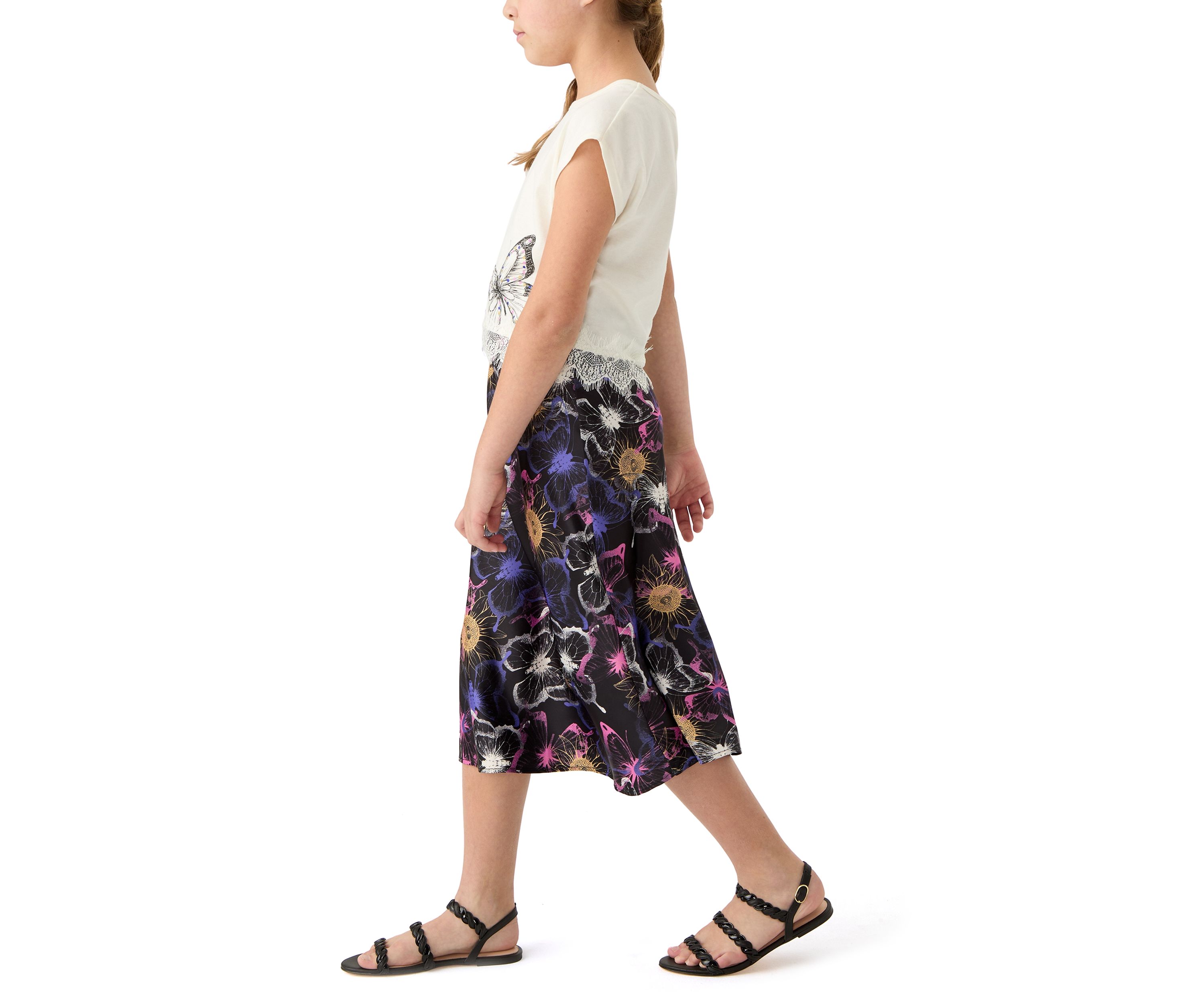 Girls 7-16 Oversized Graphic T-Shirt and Printed Satin Skirt Set