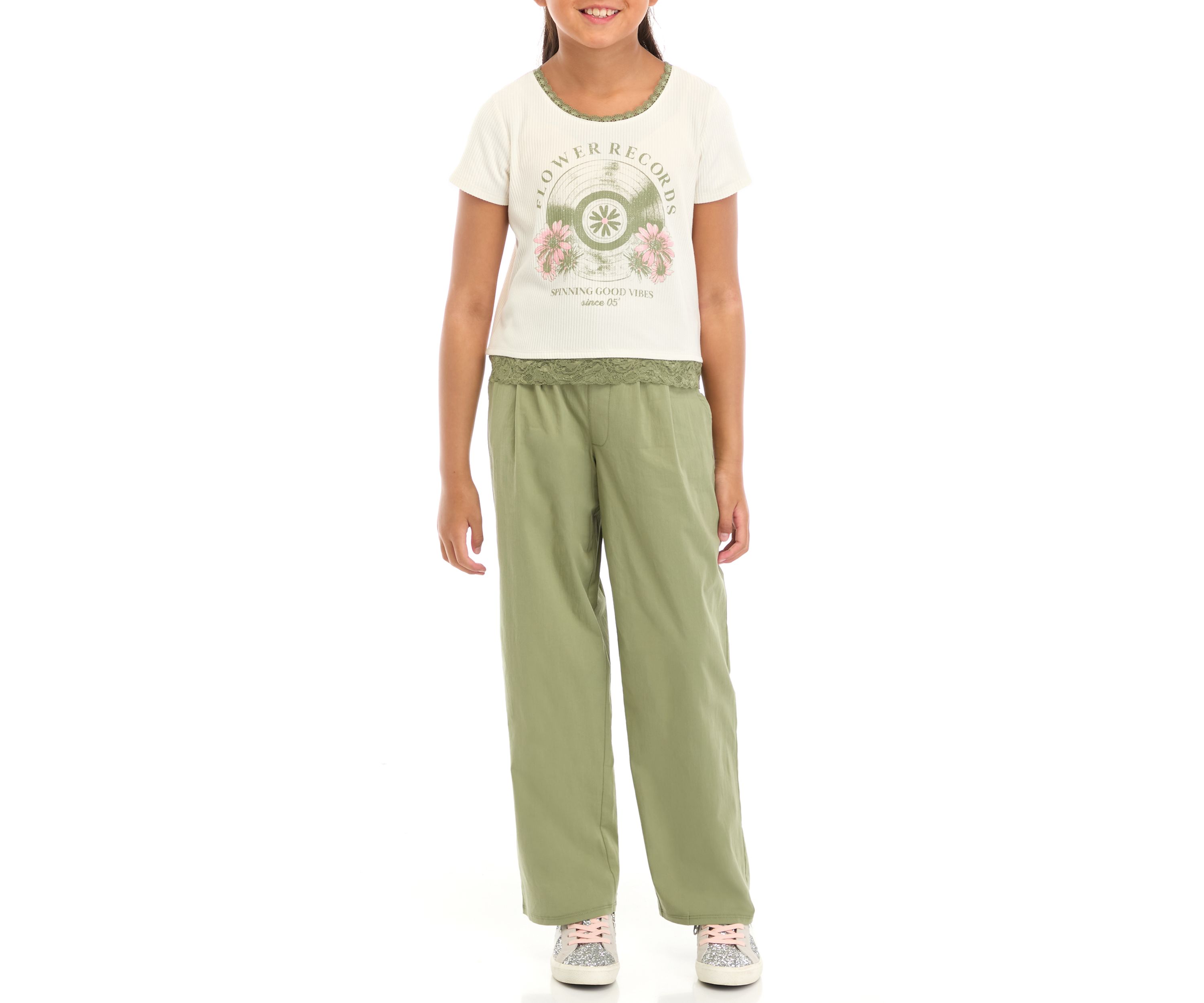 Girls 7-16 Short Sleeve Scoop Neck Crop T-Shirt with Lace Trims and Wide Leg Pull On Pleated Pants