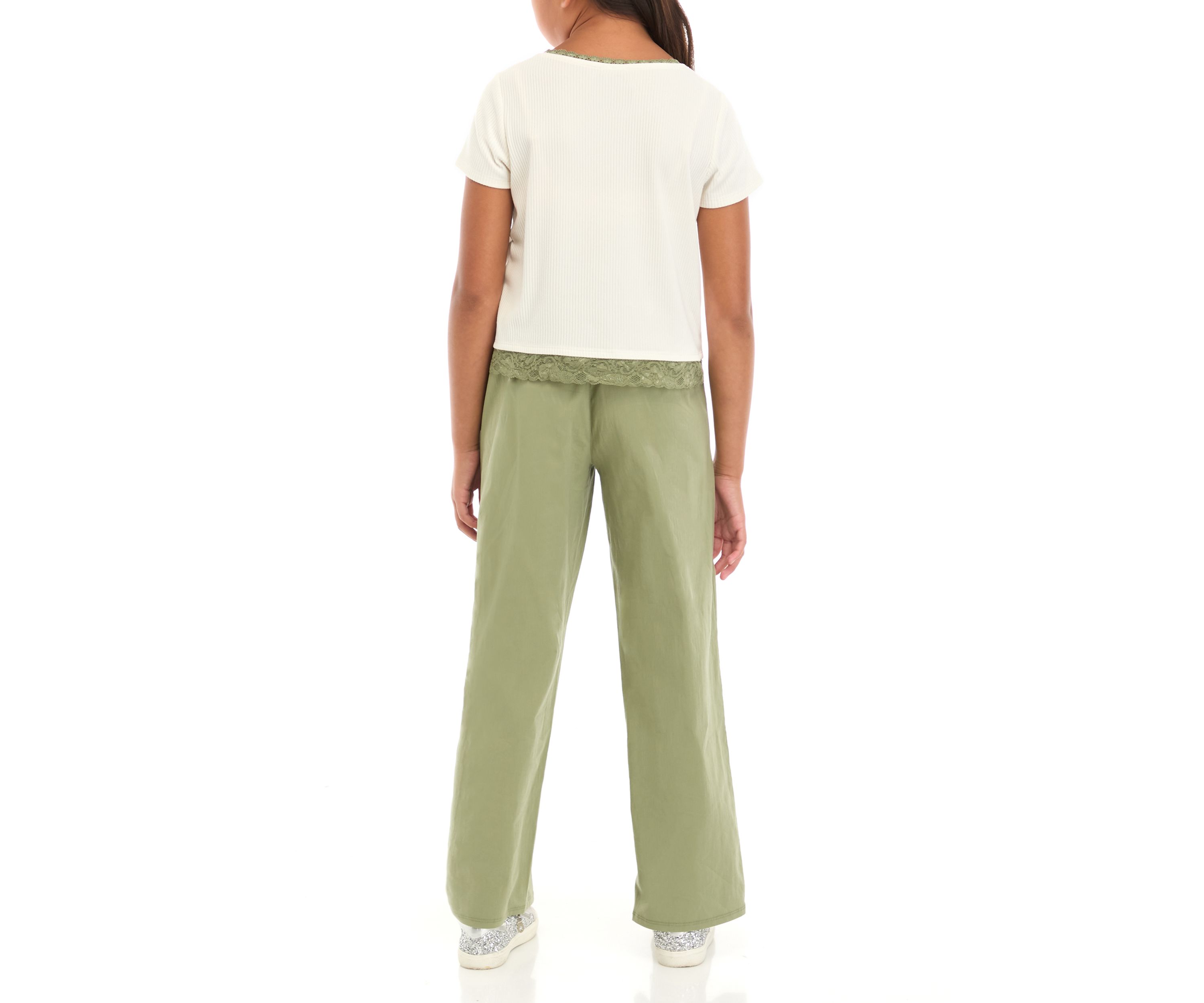Girls 7-16 Short Sleeve Scoop Neck Crop T-Shirt with Lace Trims and Wide Leg Pull On Pleated Pants