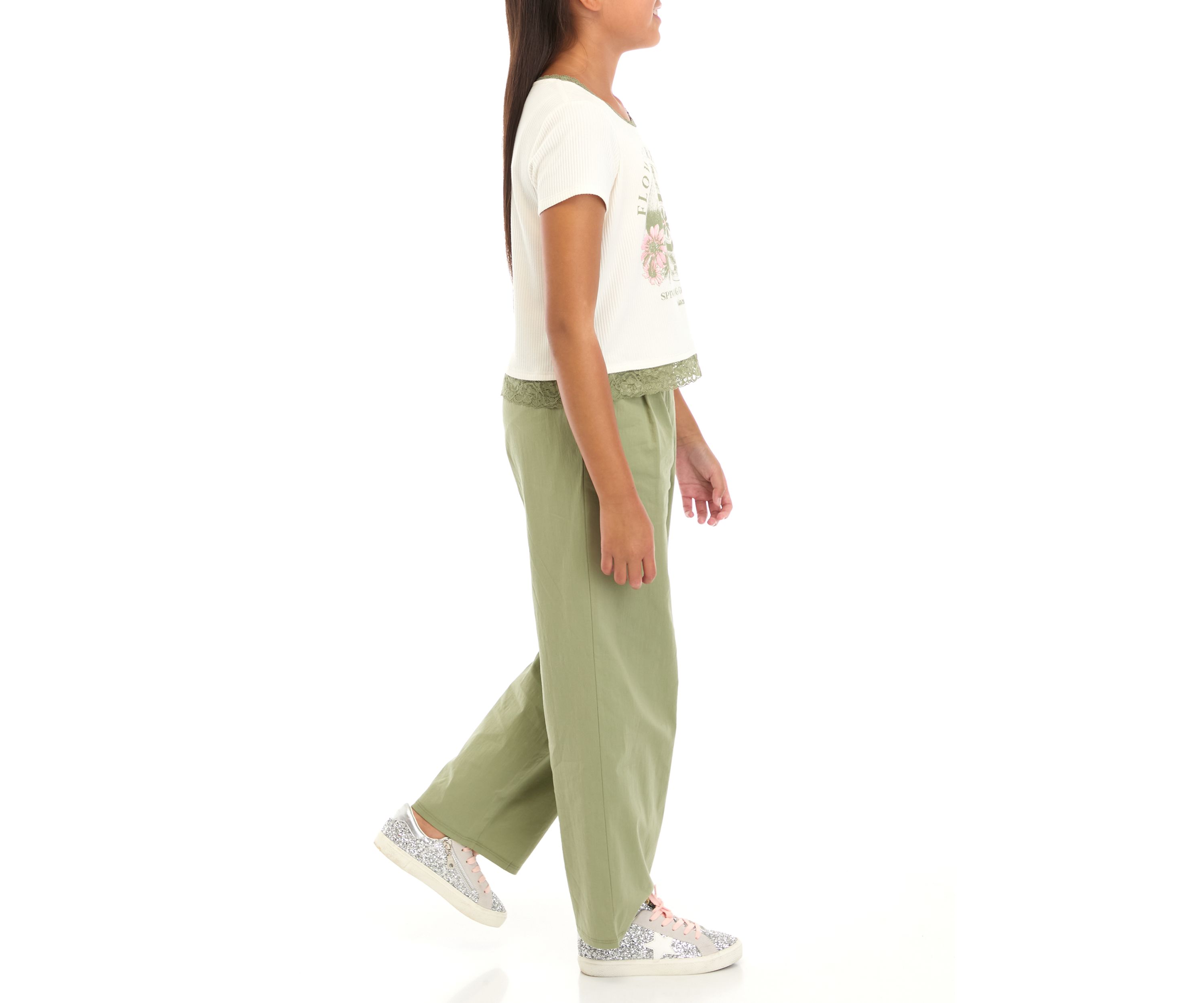 Girls 7-16 Short Sleeve Scoop Neck Crop T-Shirt with Lace Trims and Wide Leg Pull On Pleated Pants