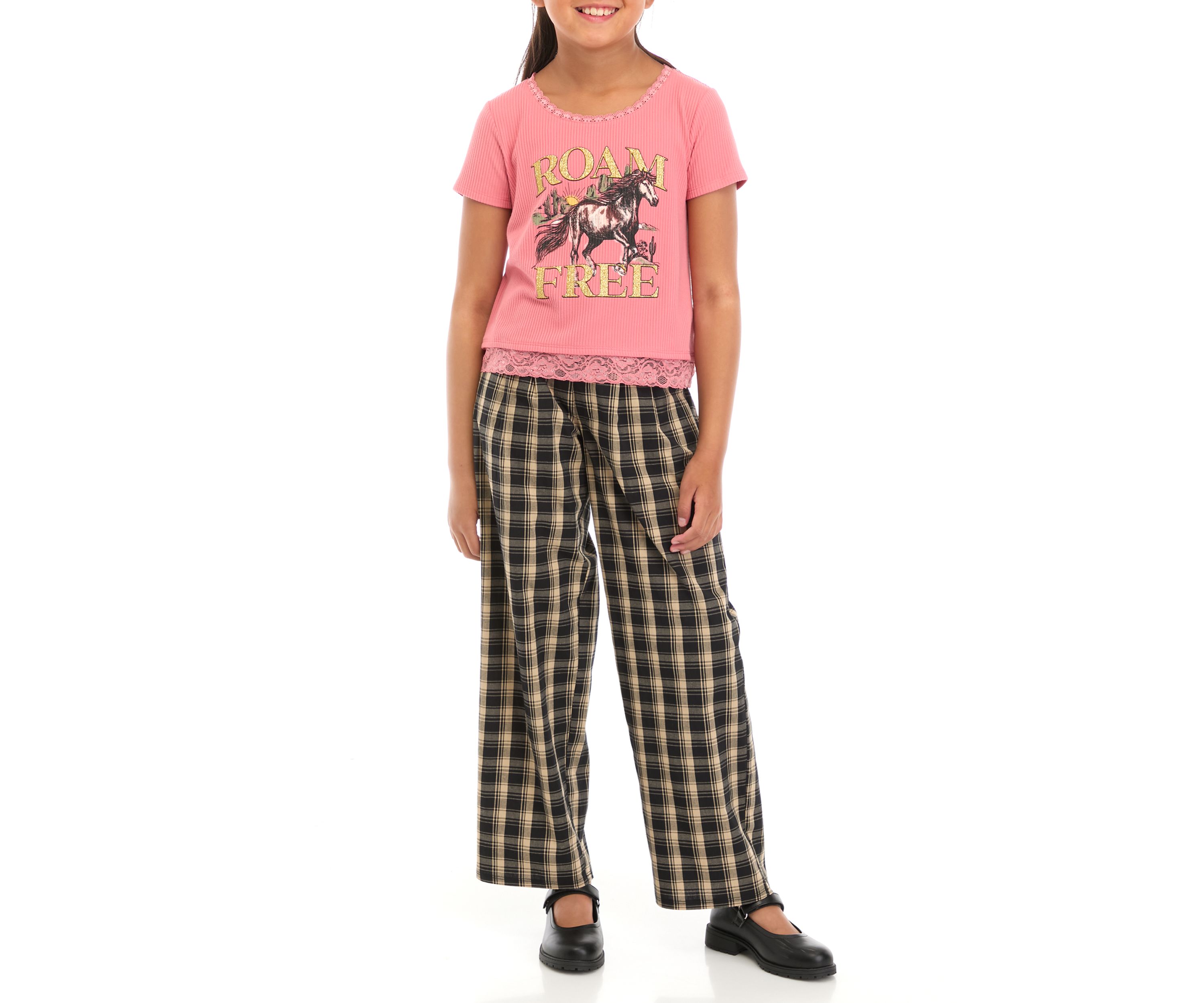 Girls 7-16 Short Sleeve Scoop Neck Cropped Graphic T-Shirt with Lace Trims and Wide Leg Pull On Pleated Pants