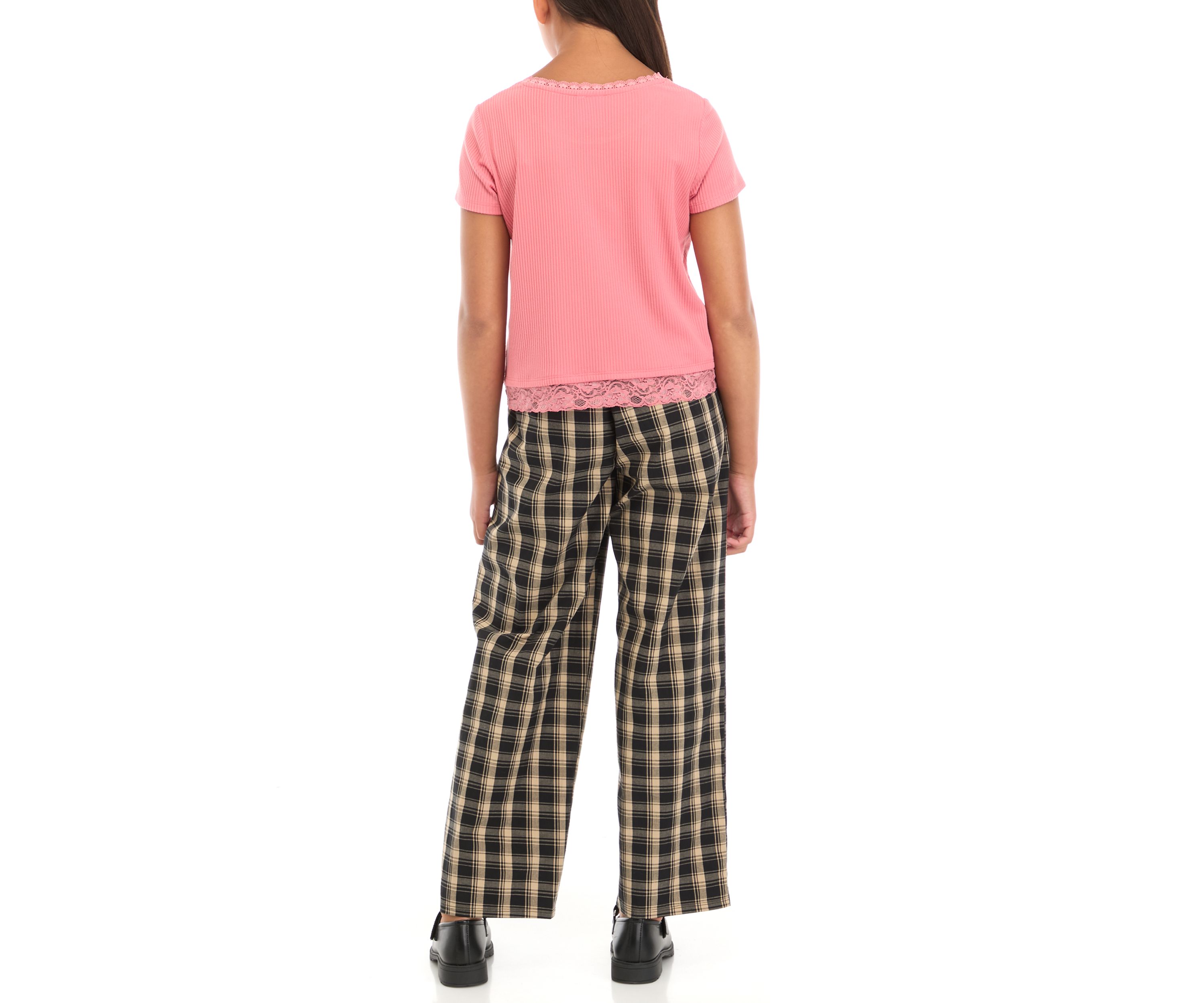 Girls 7-16 Short Sleeve Scoop Neck Cropped Graphic T-Shirt with Lace Trims and Wide Leg Pull On Pleated Pants
