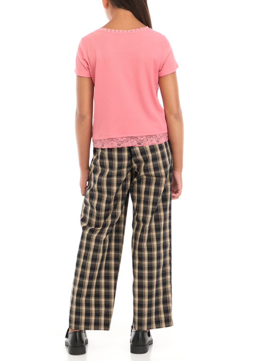 Girls 7-16 Short Sleeve Scoop Neck Cropped Graphic T-Shirt with Lace Trims and Wide Leg Pull On Pleated Pants