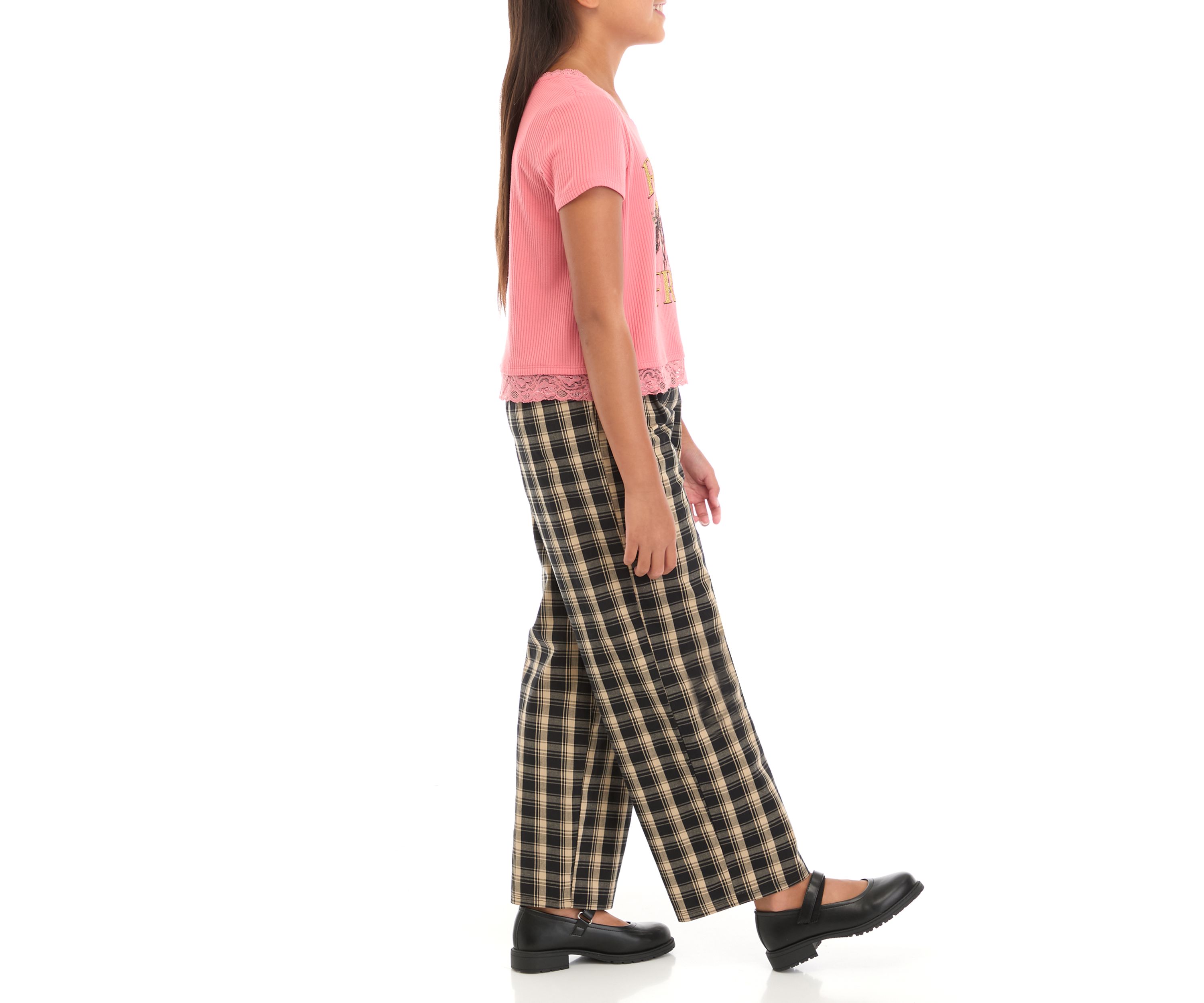 Girls 7-16 Short Sleeve Scoop Neck Cropped Graphic T-Shirt with Lace Trims and Wide Leg Pull On Pleated Pants