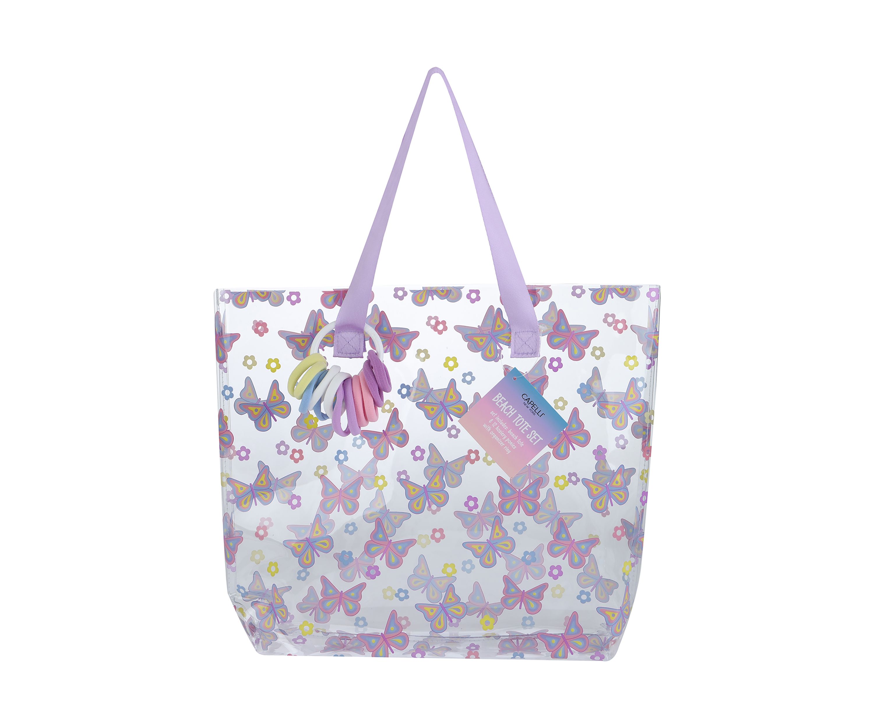 Girls Retro Butterflies Jelly Tote with 12 Pack Hosiery Pony Ring Set
