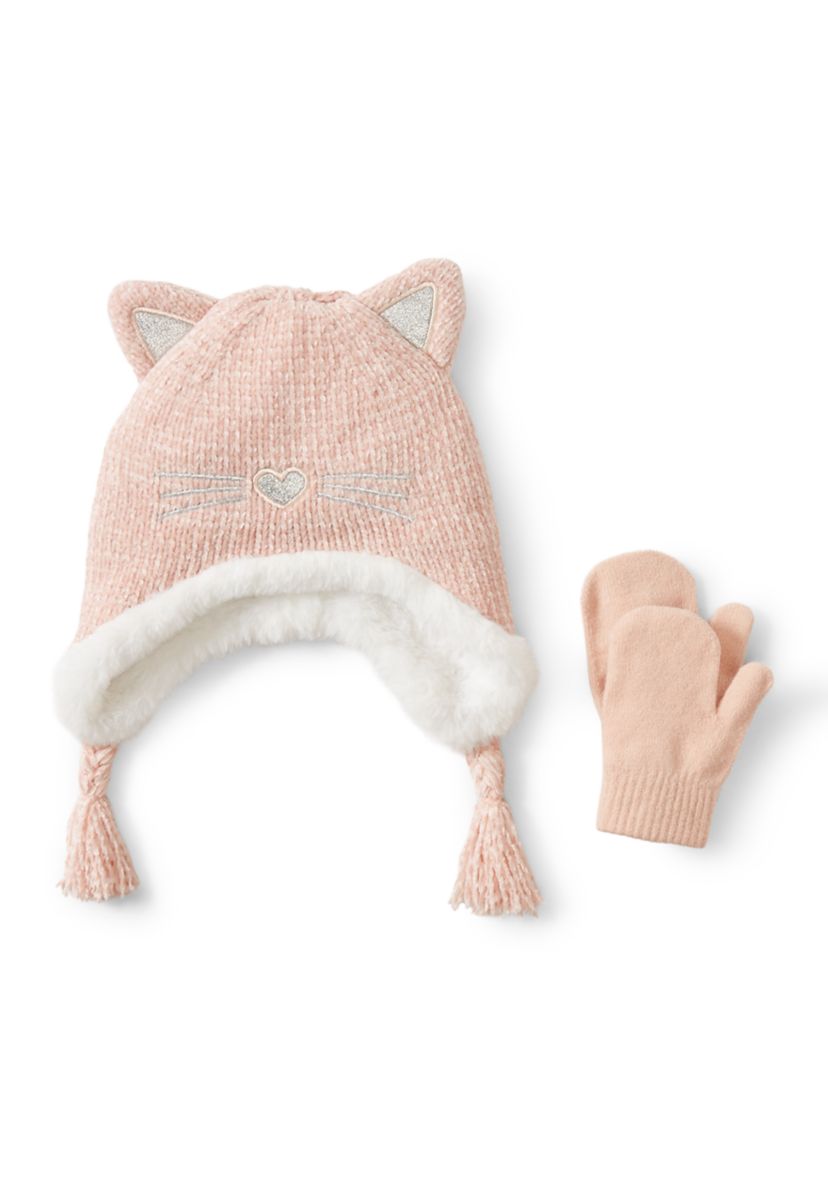 Toddlers Girls Cat Ear Flap Hat and Mittens Set