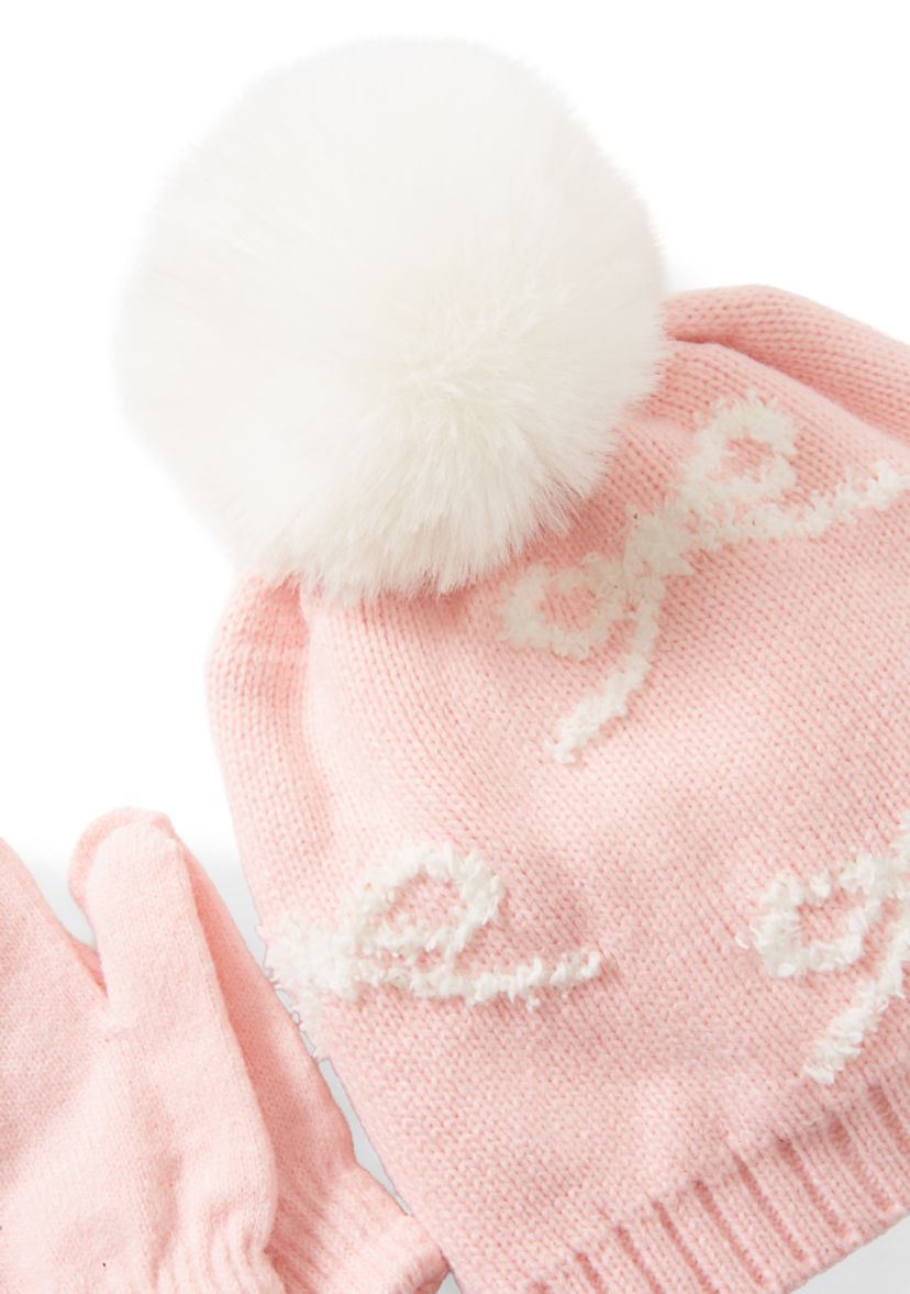Kids Accessories Yarn Bow Hat and Mittens Set