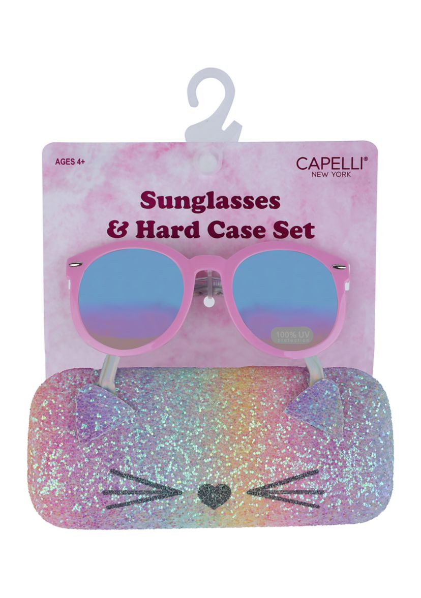 Girls Sunglasses with Rainbow Glitter Cat Case