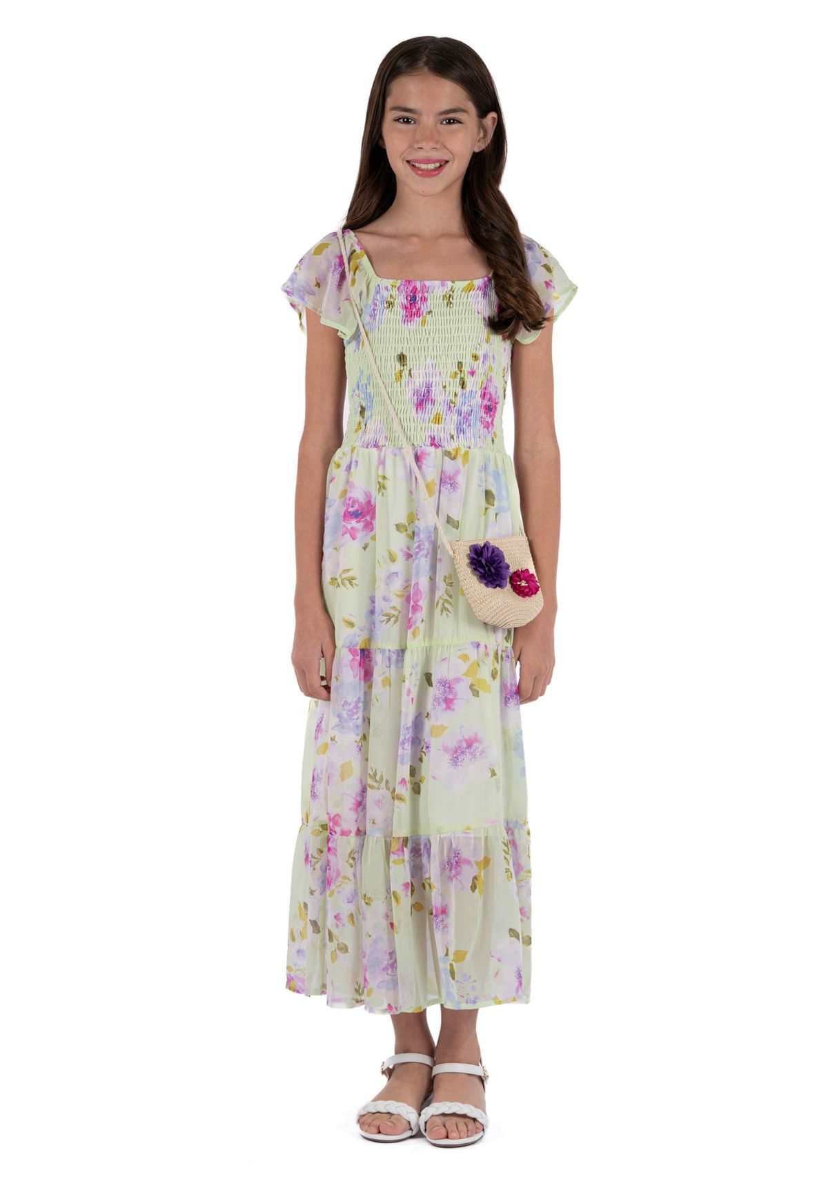 Girls 7-16 Smocked Floral Chiffon Maxi Dress with Purse