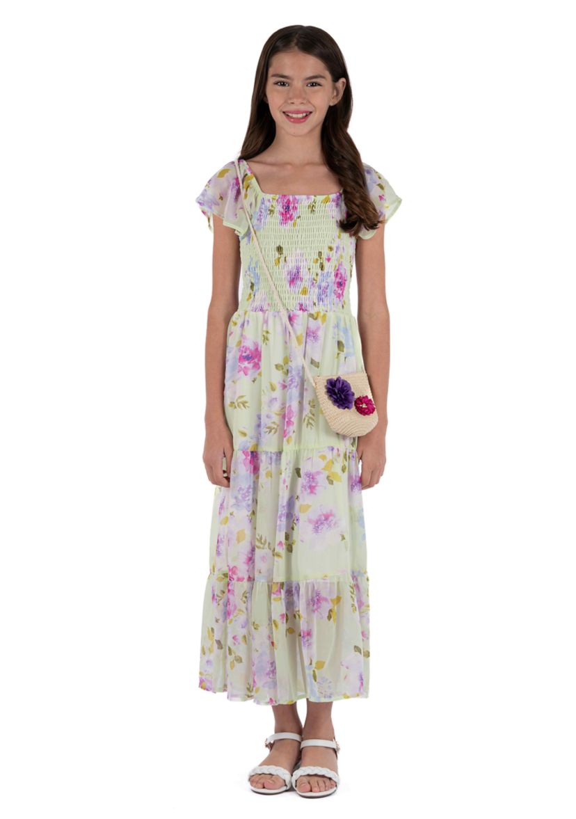 Girls 7-16 Smocked Floral Chiffon Maxi Dress with Purse