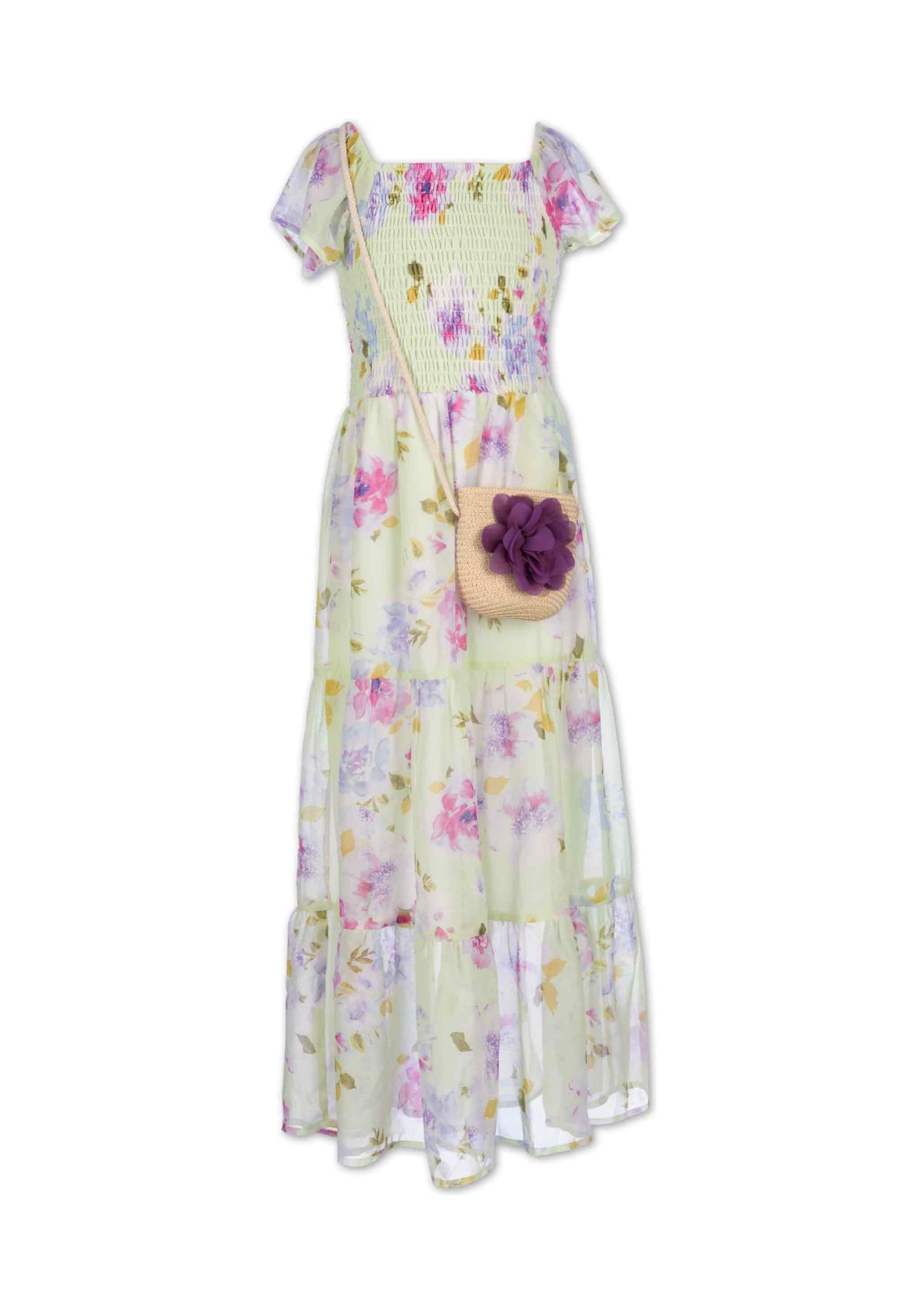 Girls 7-16 Smocked Floral Chiffon Maxi Dress with Purse