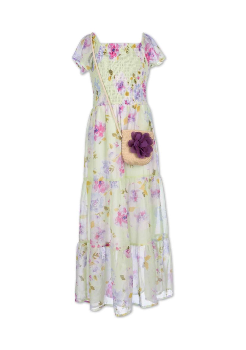 Girls 7-16 Smocked Floral Chiffon Maxi Dress with Purse