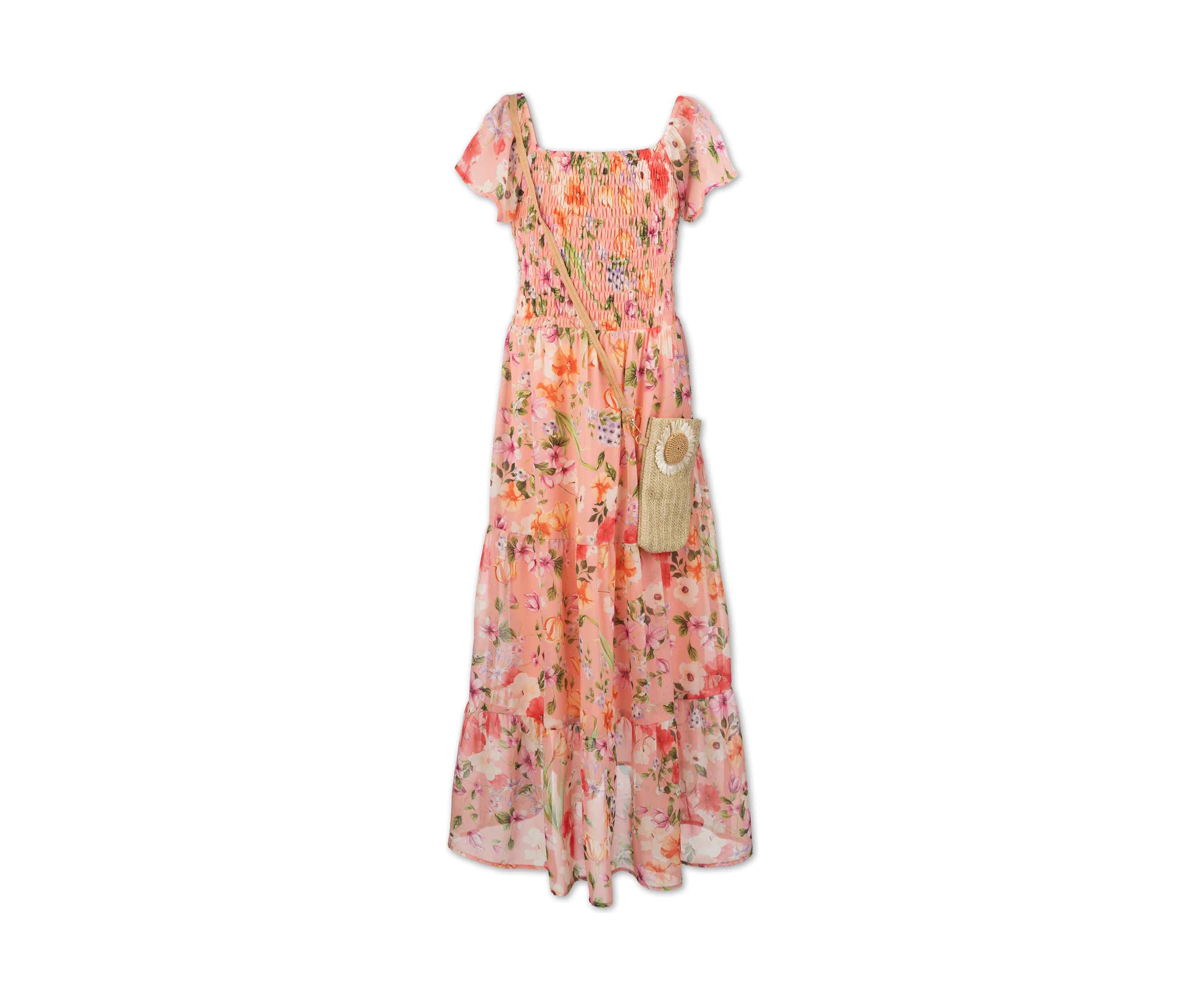 Girls 7-16 Floral Printed Smocked Maxi Dress