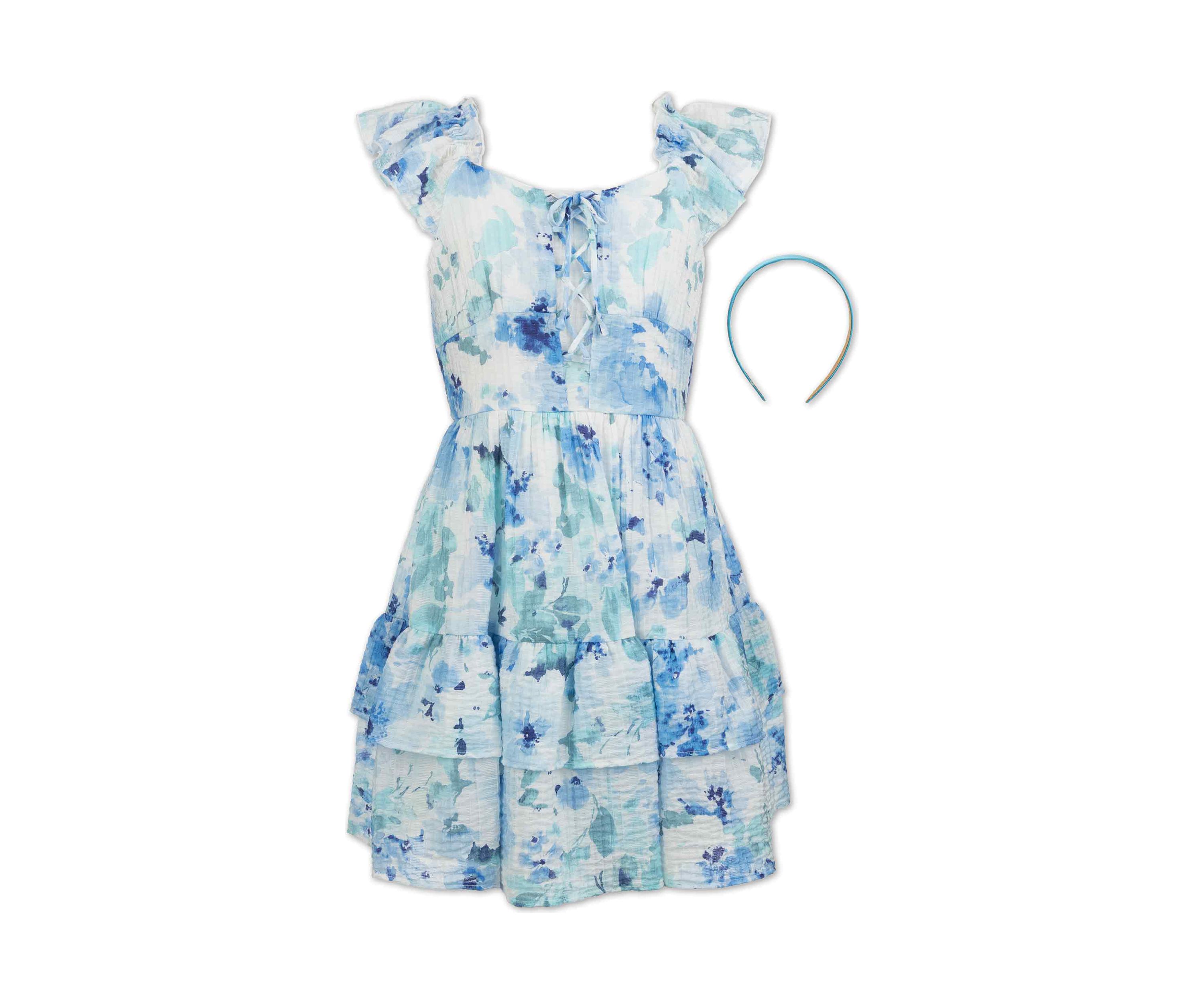 Girls 7-16 Ivy Blue Floral Crinkle Gauze Dress with Headband