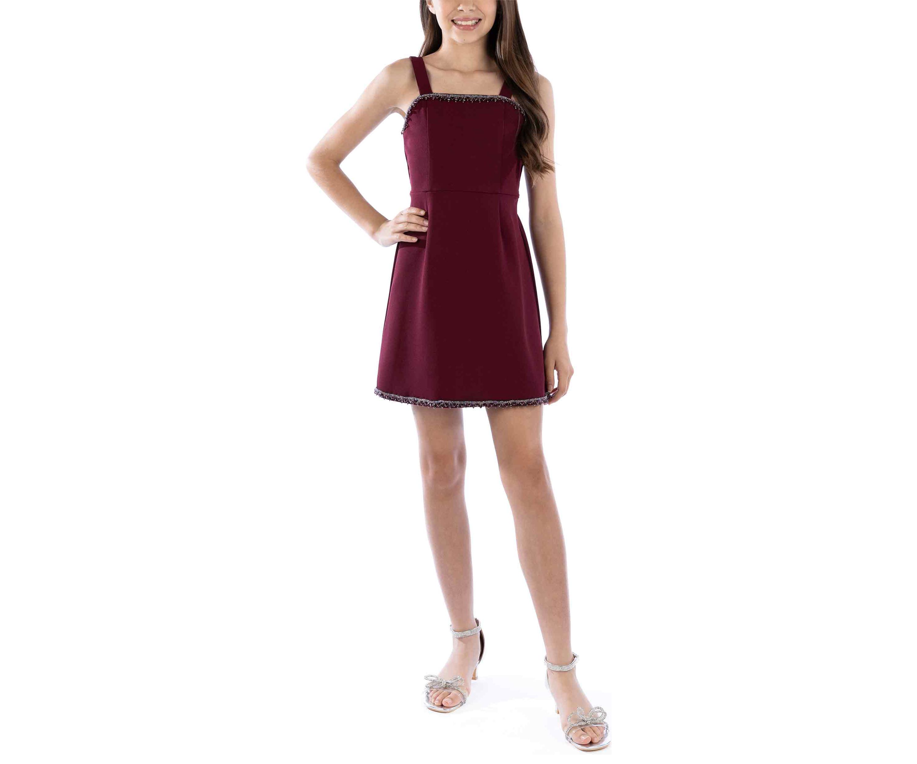 Girls 7-16 Sleeveless Scuba Crepe Dress with Bejeweled Details