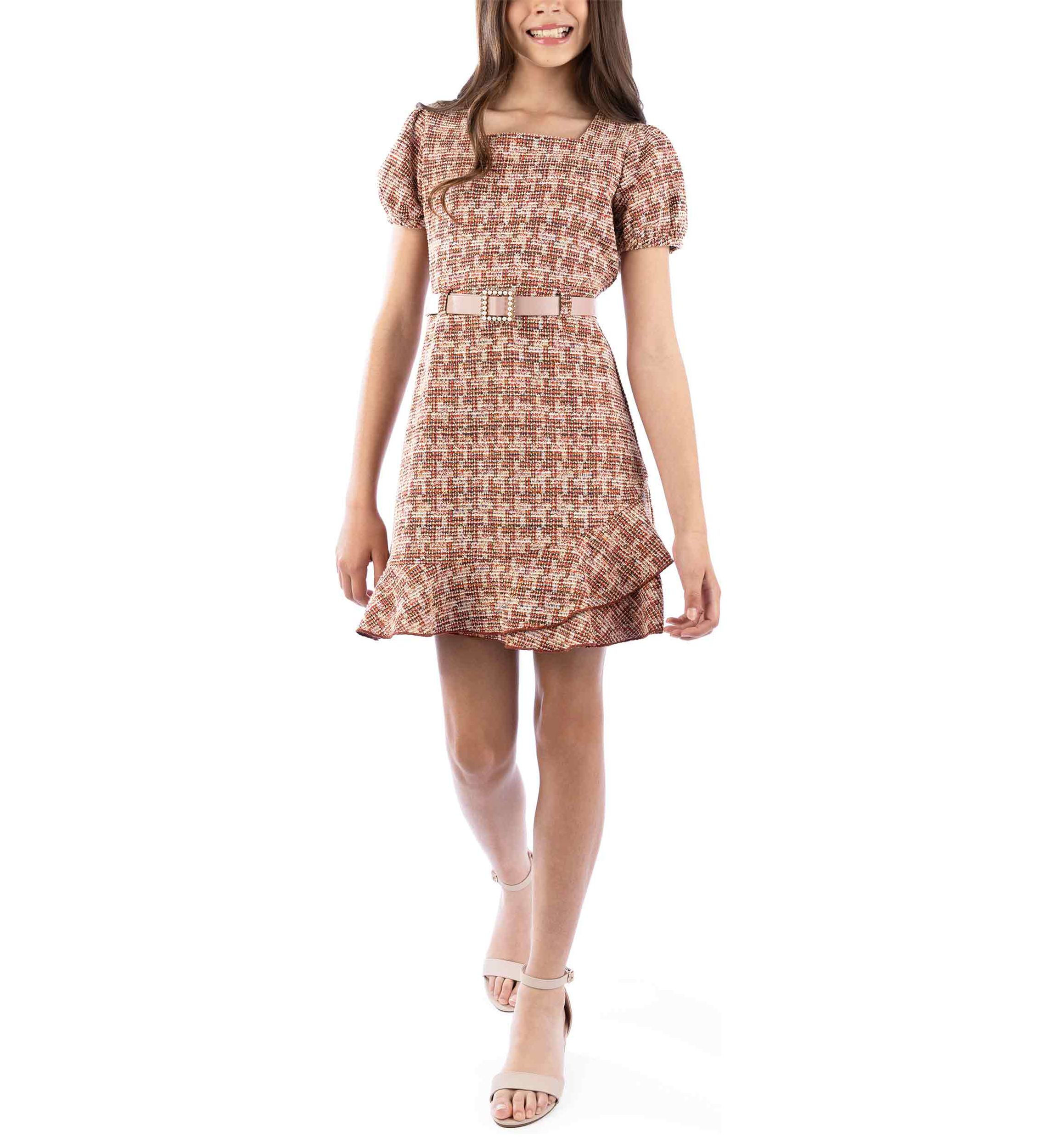 Girls 7-16 Bouclé Ruffle Hem Printed Dress