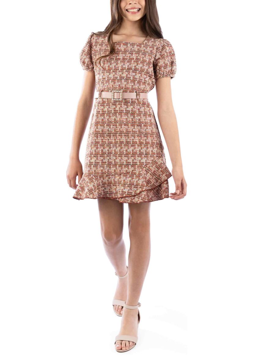 Girls 7-16 Bouclé Ruffle Hem Printed Dress