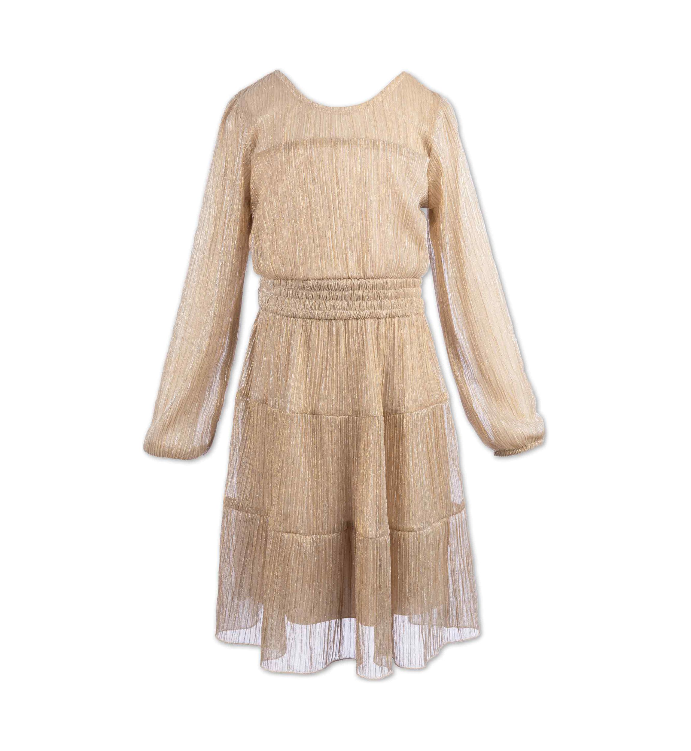 Girls 7-16 Long Sleeve Metallic Smocked Waist Dress