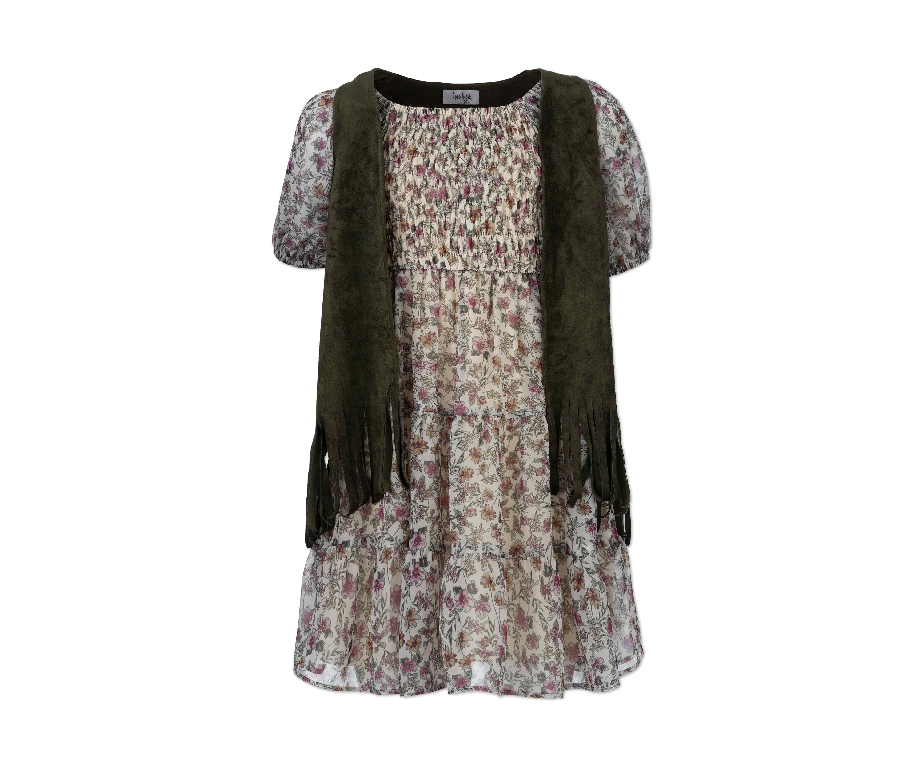 Girls 7-16 Suede Vest with Floral Print Dress