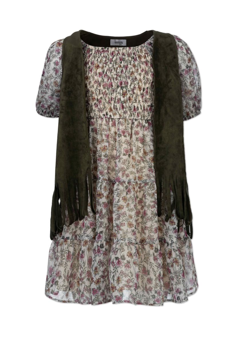 Girls 7-16 Suede Vest with Floral Print Dress