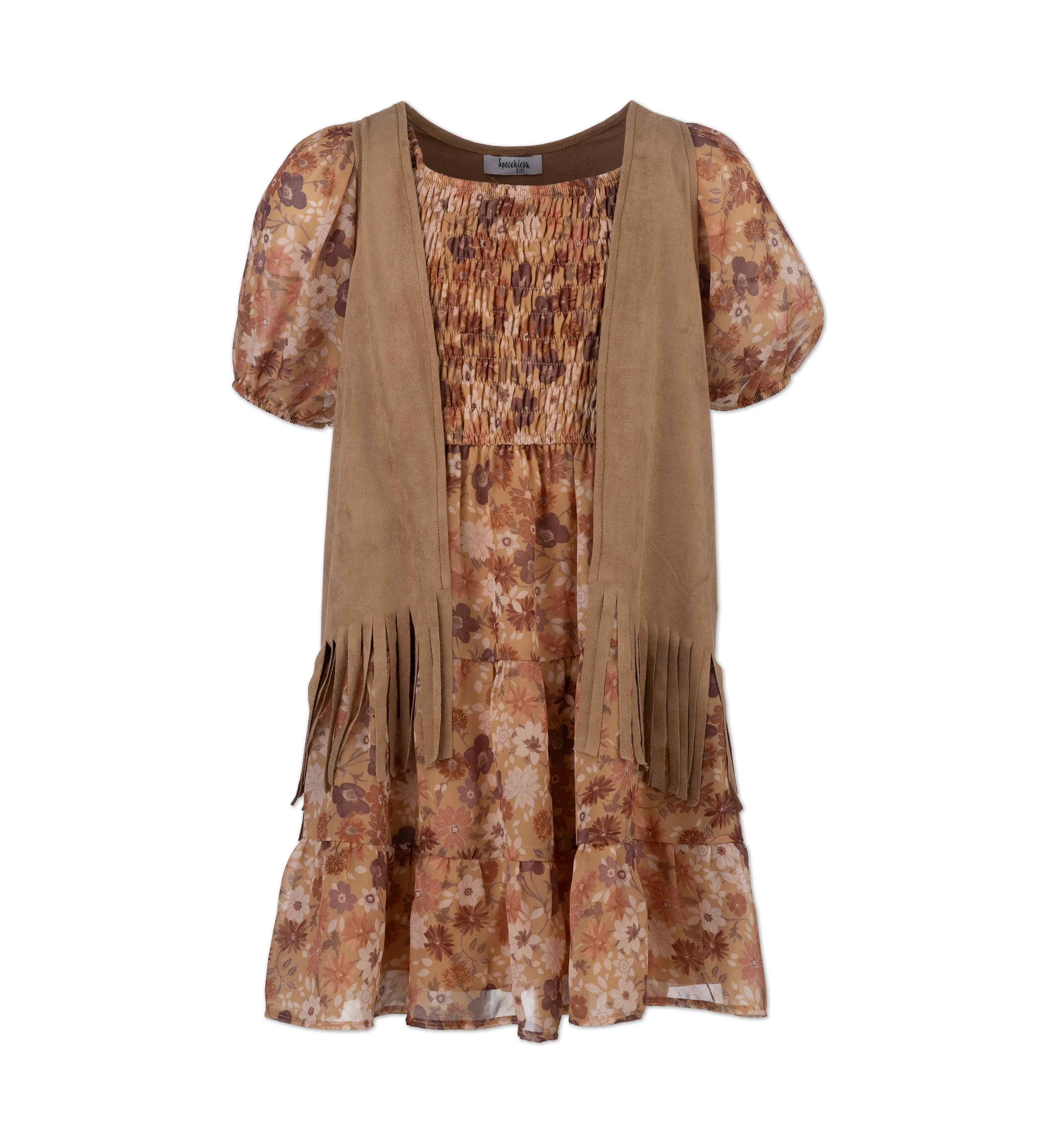 Girls 7-16 Suede Vest with Floral Print Dress
