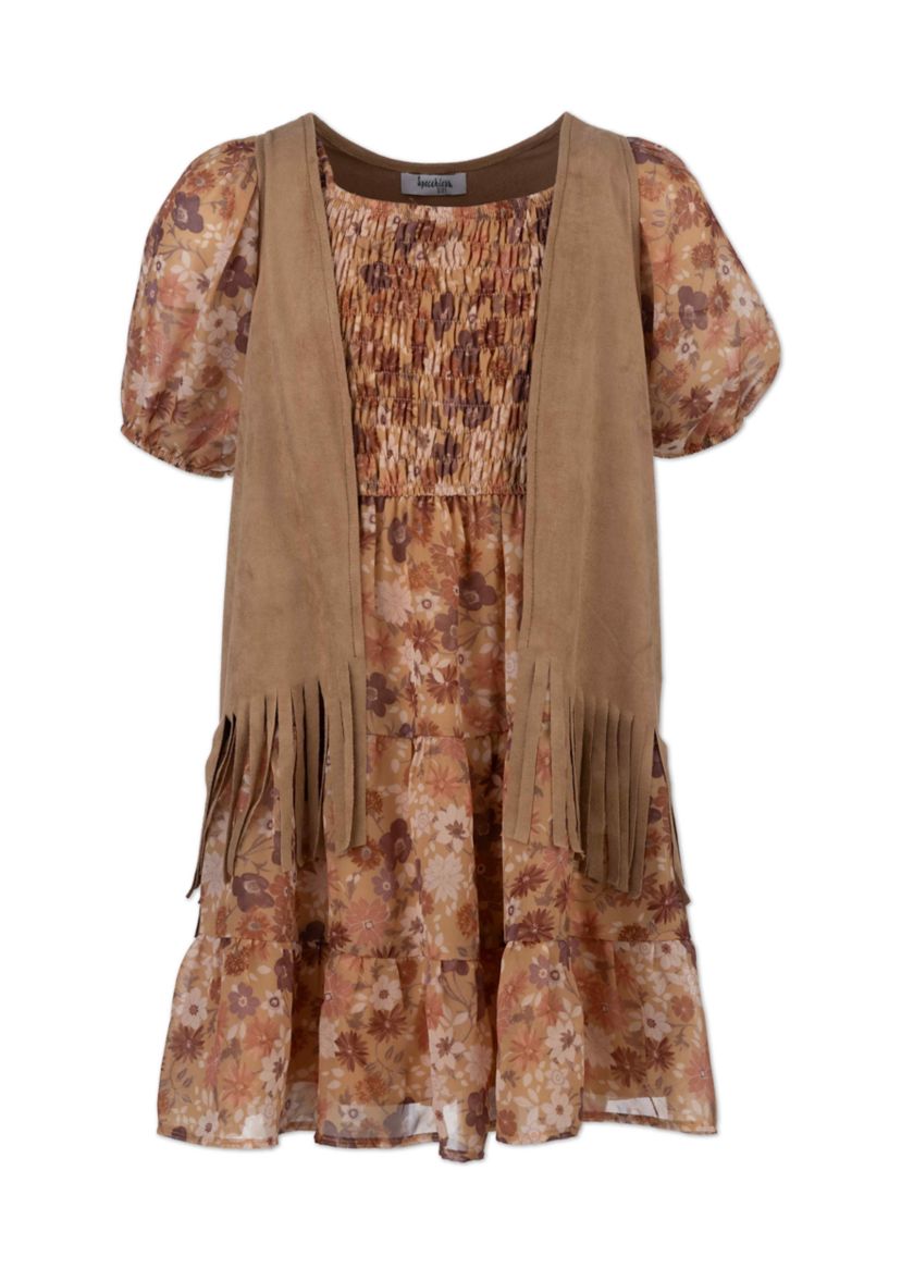 Girls 7-16 Suede Vest with Floral Print Dress