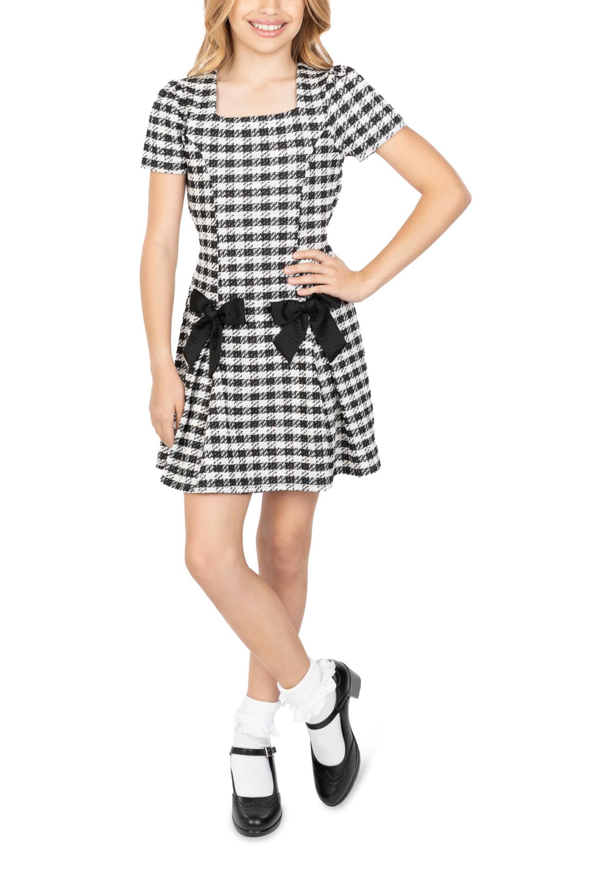Girls 7-16 Checkered Velvet Bow Dress